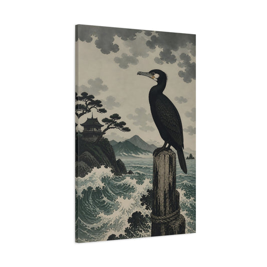 Main Mockup. Perched Cormorant By Sea shown as canvas print