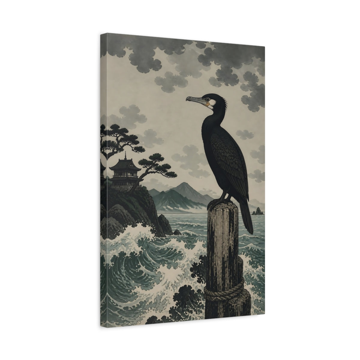 Side Mockup 3. Perched Cormorant By Sea shown as canvas print