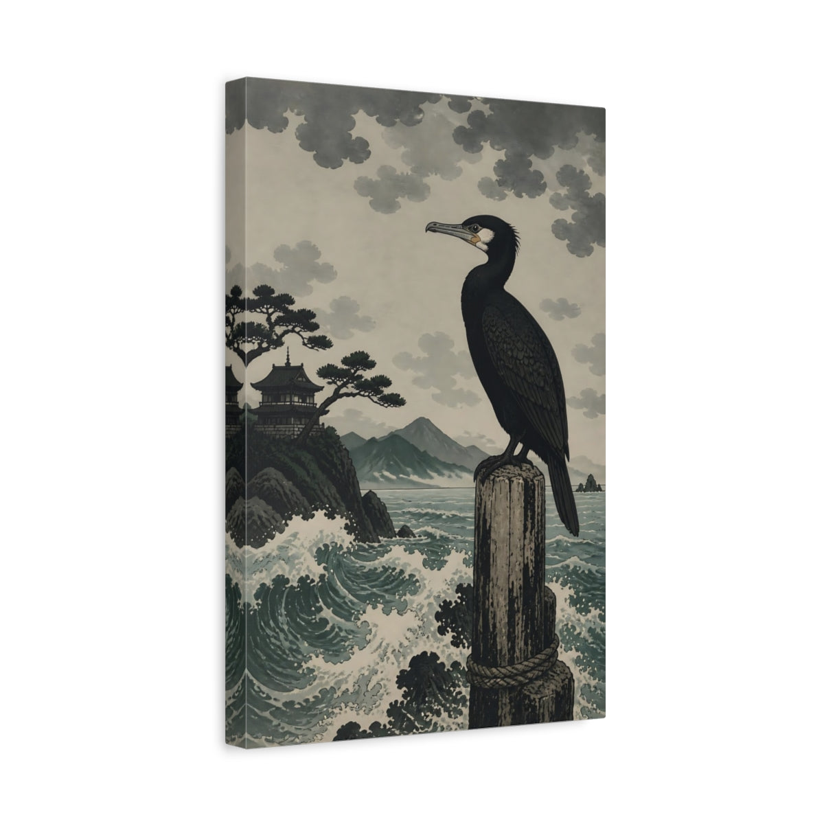 Side Mockup 4. Perched Cormorant By Sea shown as canvas print