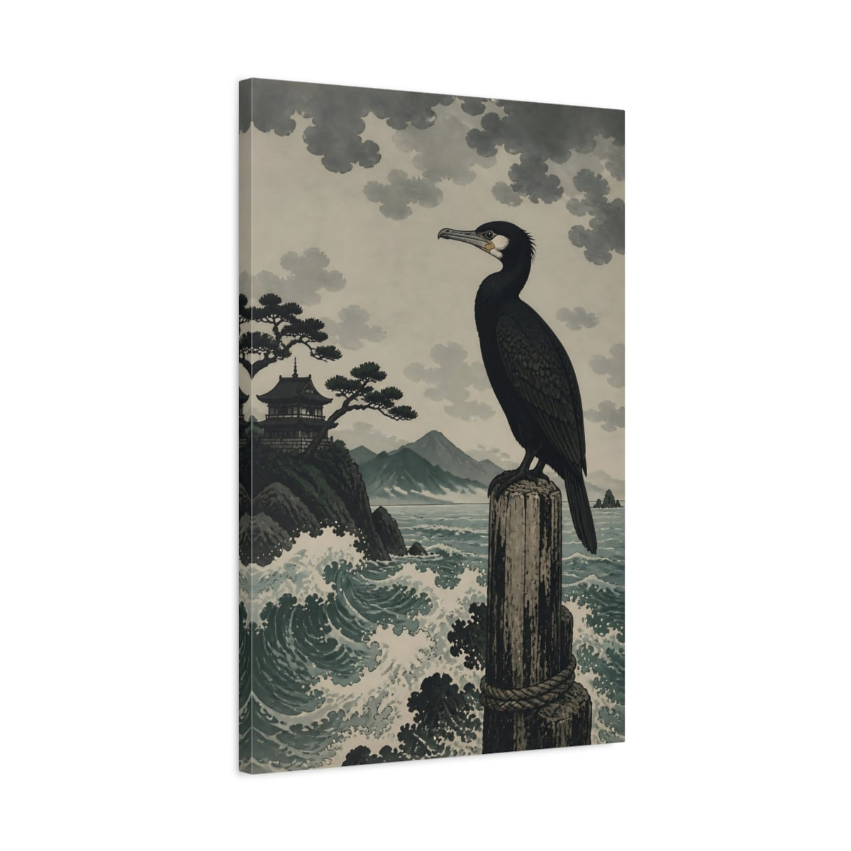 Side Mockup 2. Perched Cormorant By Sea shown as canvas print