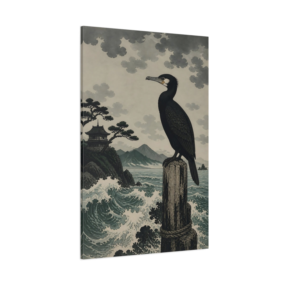 Side Mockup 1. Perched Cormorant By Sea shown as canvas print