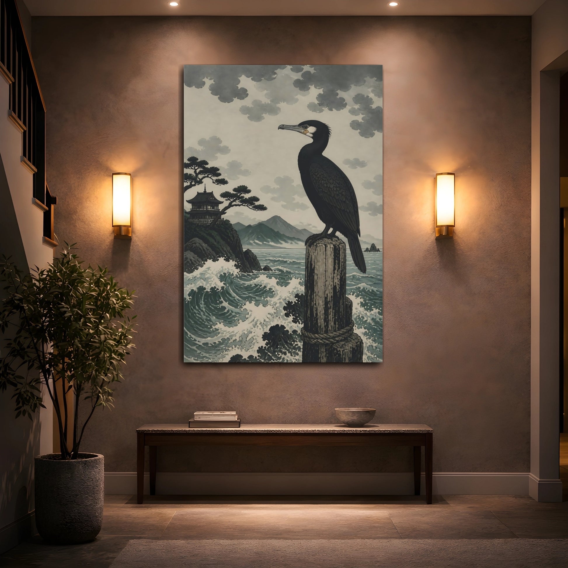 Mockup 2. Perched Cormorant By Sea shown as canvas print