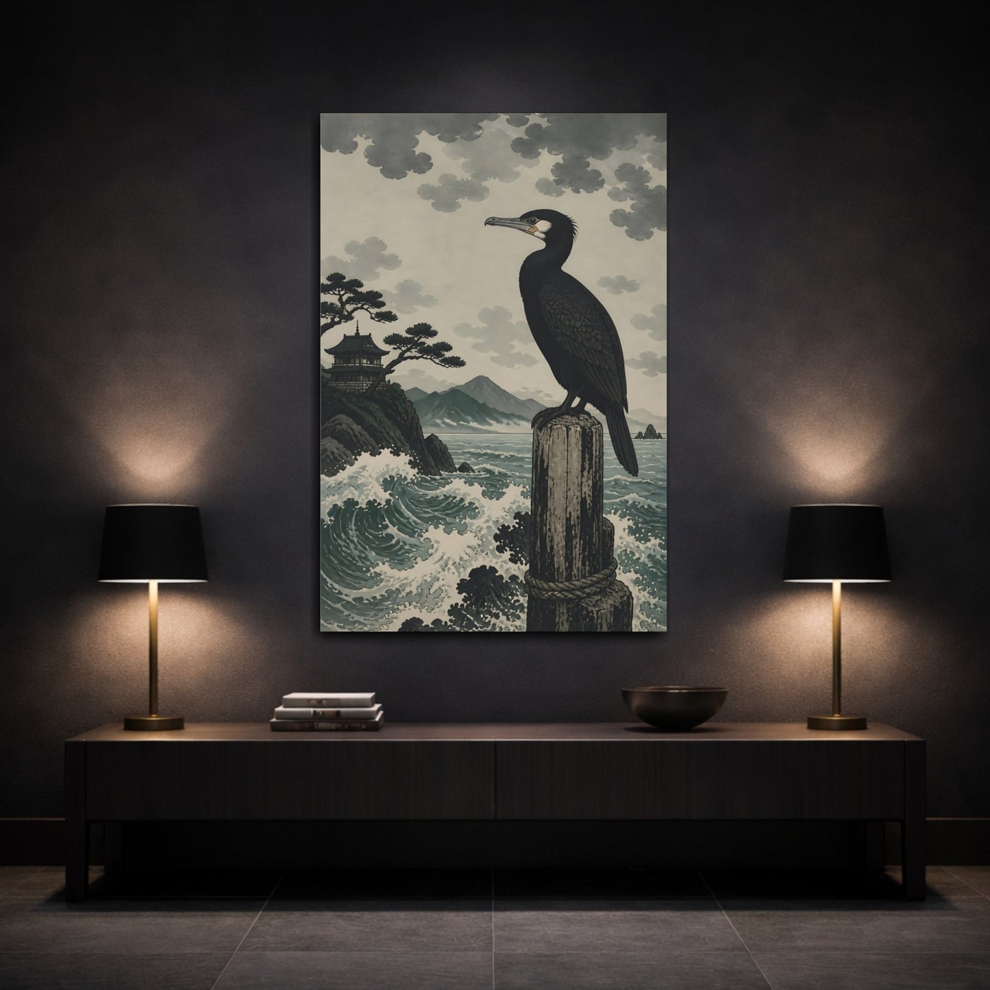 Mockup 3. Perched Cormorant By Sea shown as canvas print