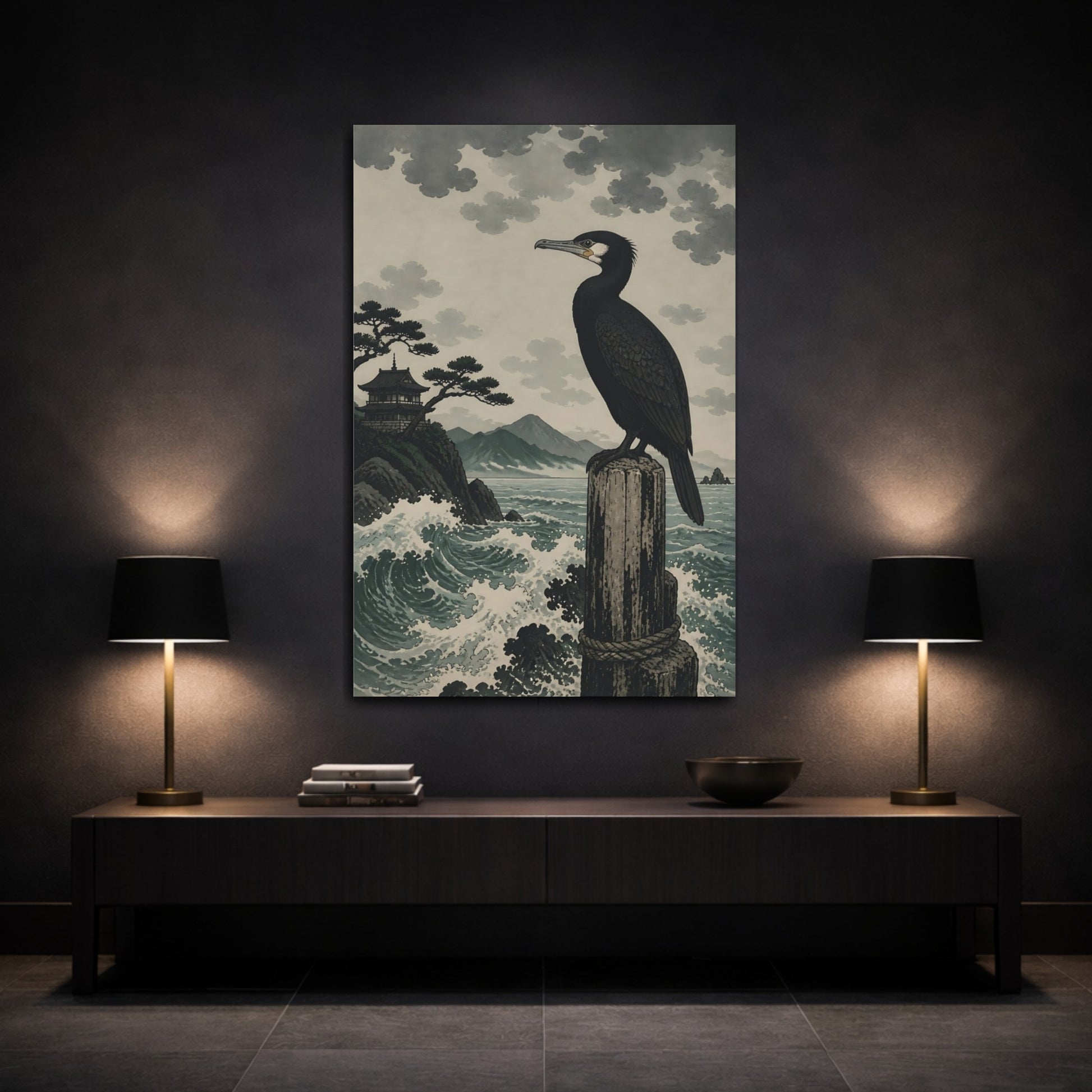 Mockup 3. Perched Cormorant By Sea shown as canvas print