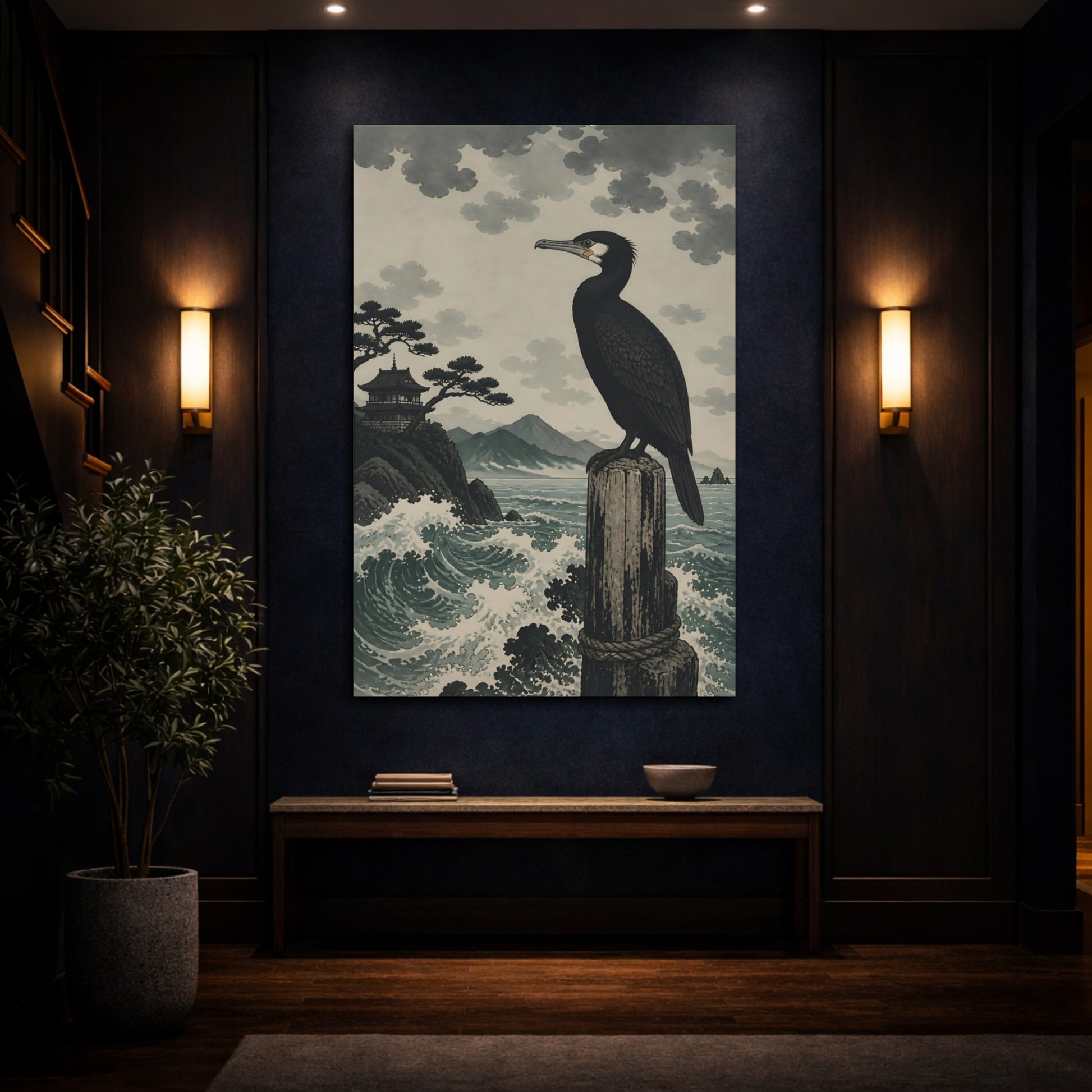 Mockup 4. Perched Cormorant By Sea shown as canvas print