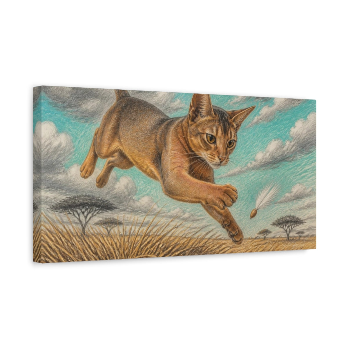 Side Mockup 3. Pet Abyssinian Leaping Cat shown as canvas print