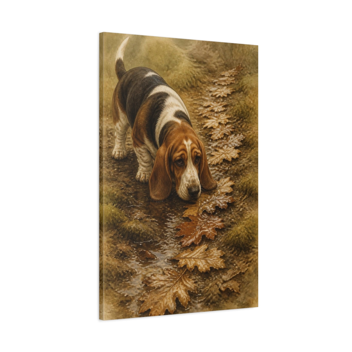 Main Mockup. Pet Basset Hound On Leaves shown as canvas print