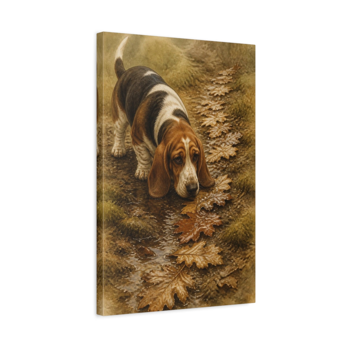 Side Mockup 3. Pet Basset Hound On Leaves shown as canvas print