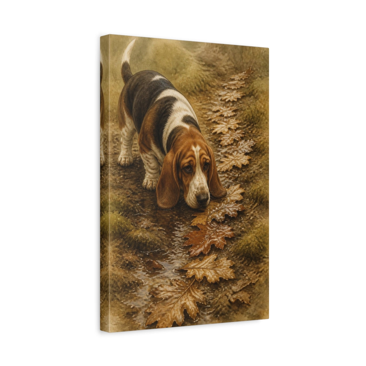 Side Mockup 4. Pet Basset Hound On Leaves shown as canvas print