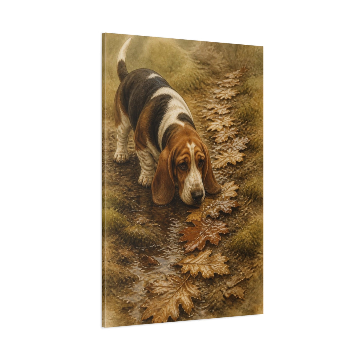Side Mockup 1. Pet Basset Hound On Leaves shown as canvas print