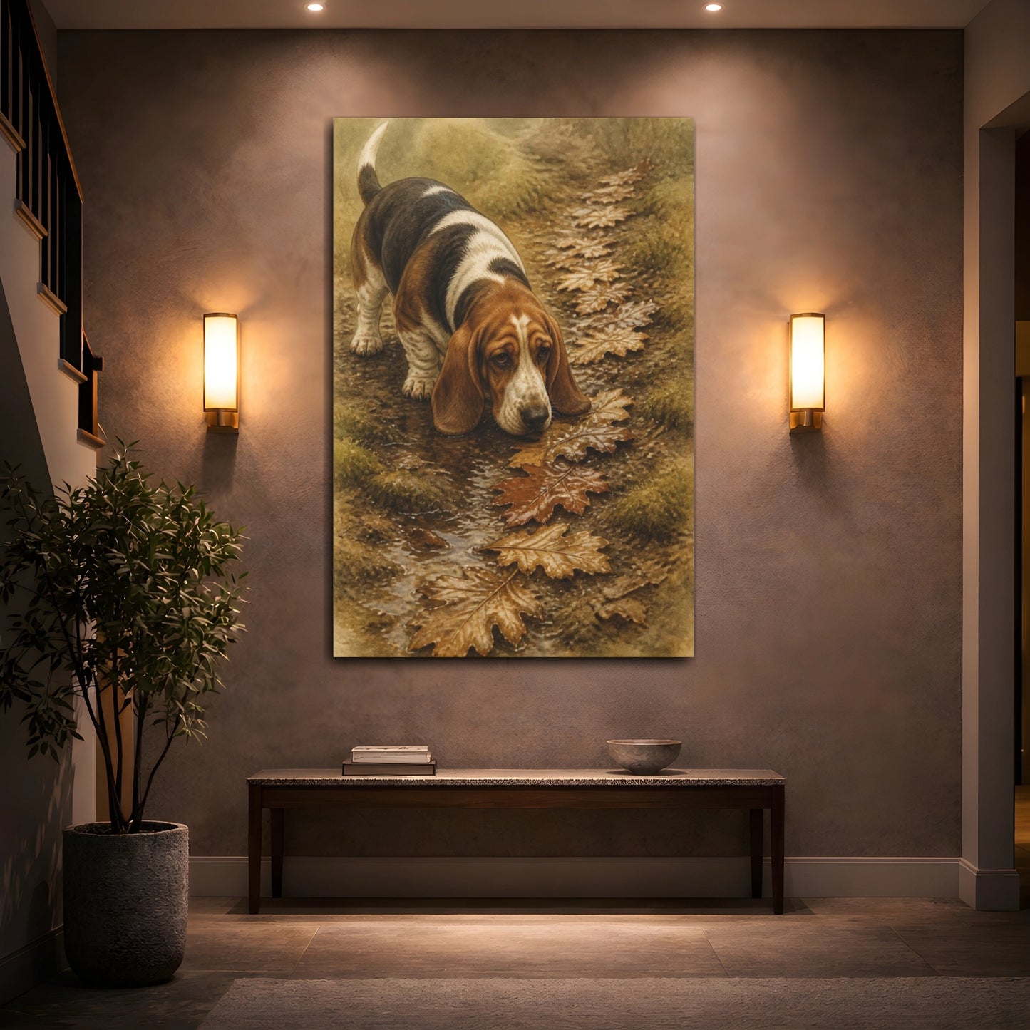 Mockup 2. Pet Basset Hound On Leaves shown as canvas print