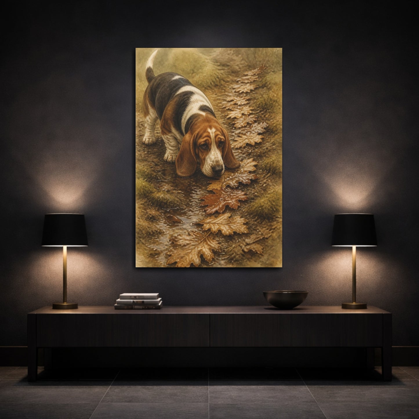 Mockup 3. Pet Basset Hound On Leaves shown as canvas print