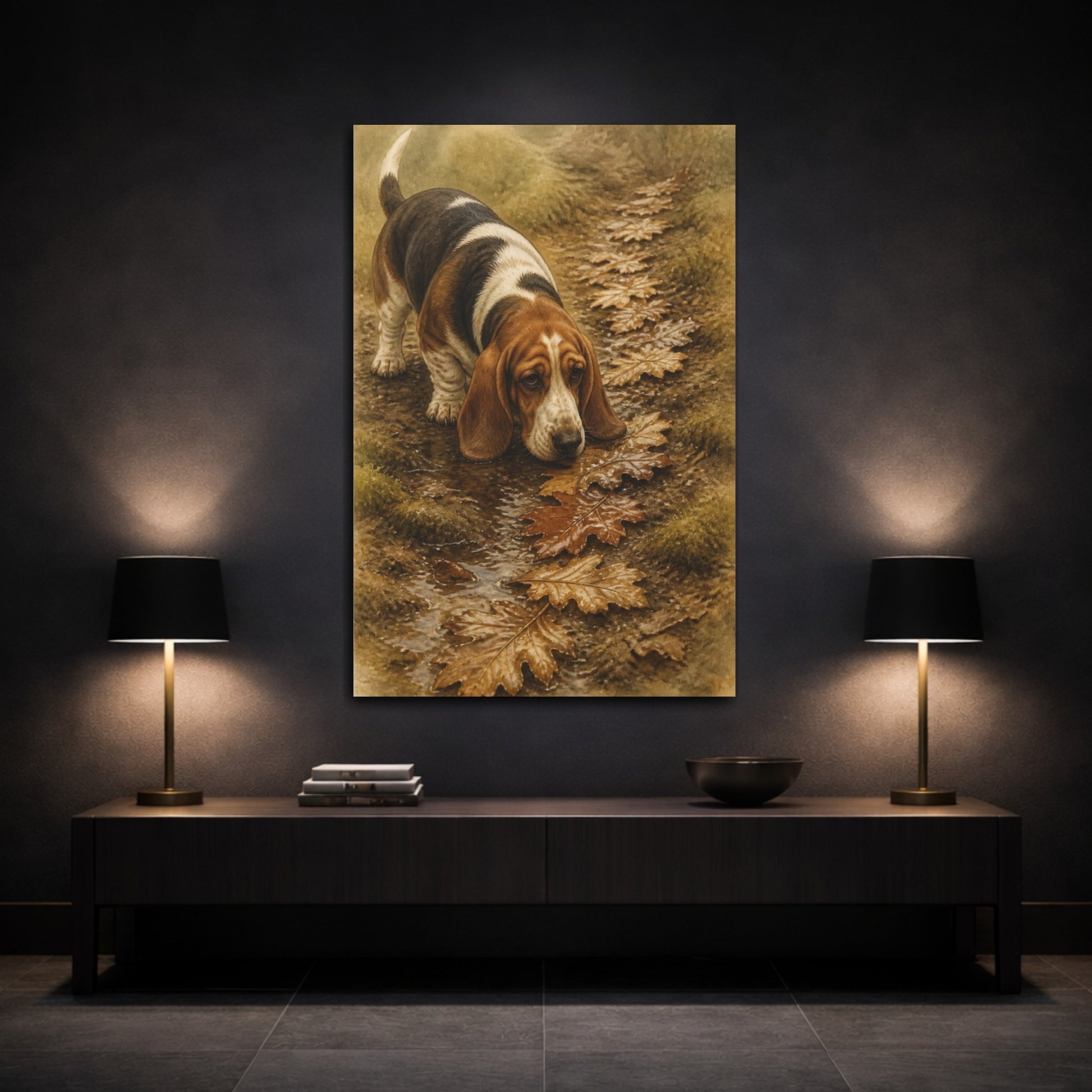 Mockup 3. Pet Basset Hound On Leaves shown as canvas print