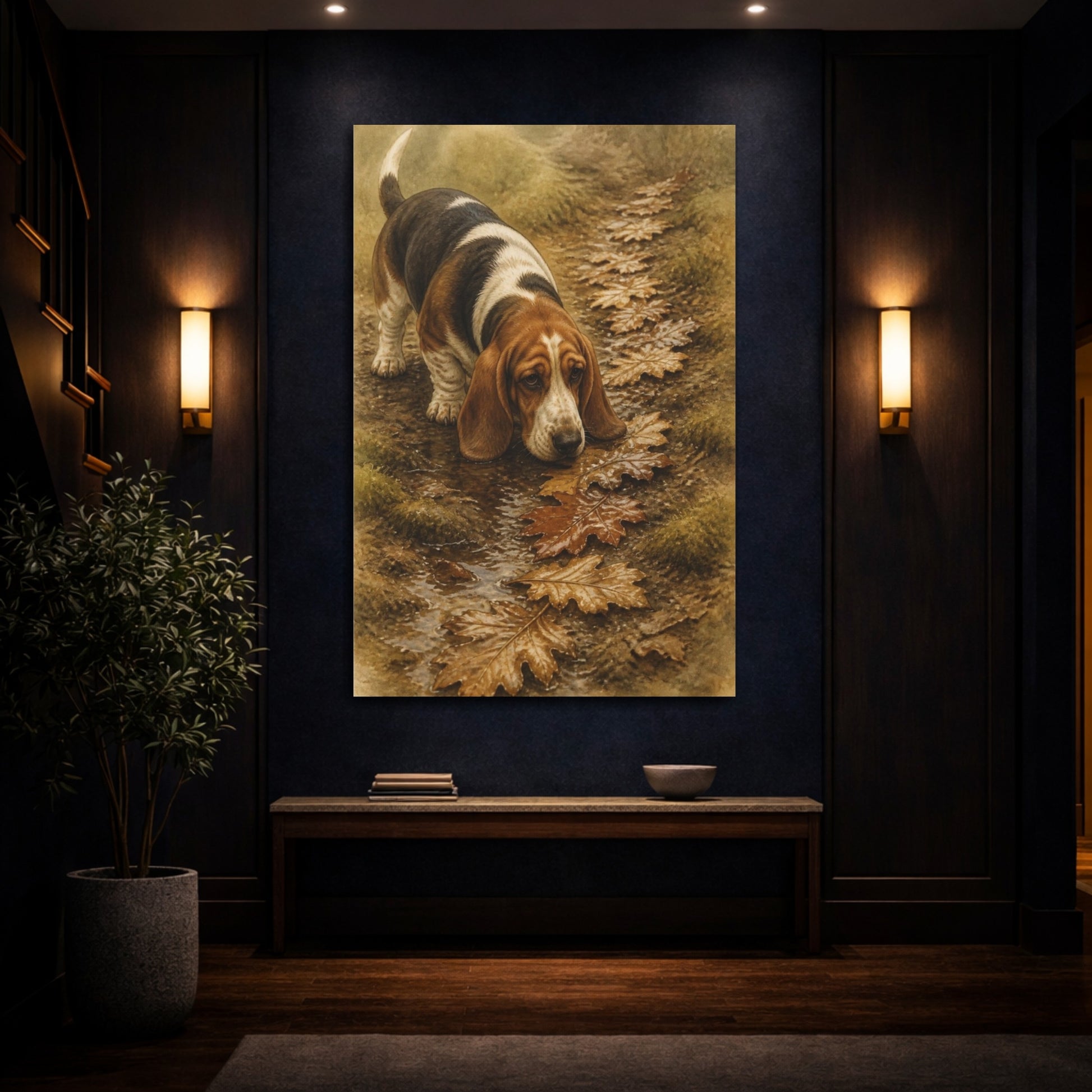 Mockup 4. Pet Basset Hound On Leaves shown as canvas print