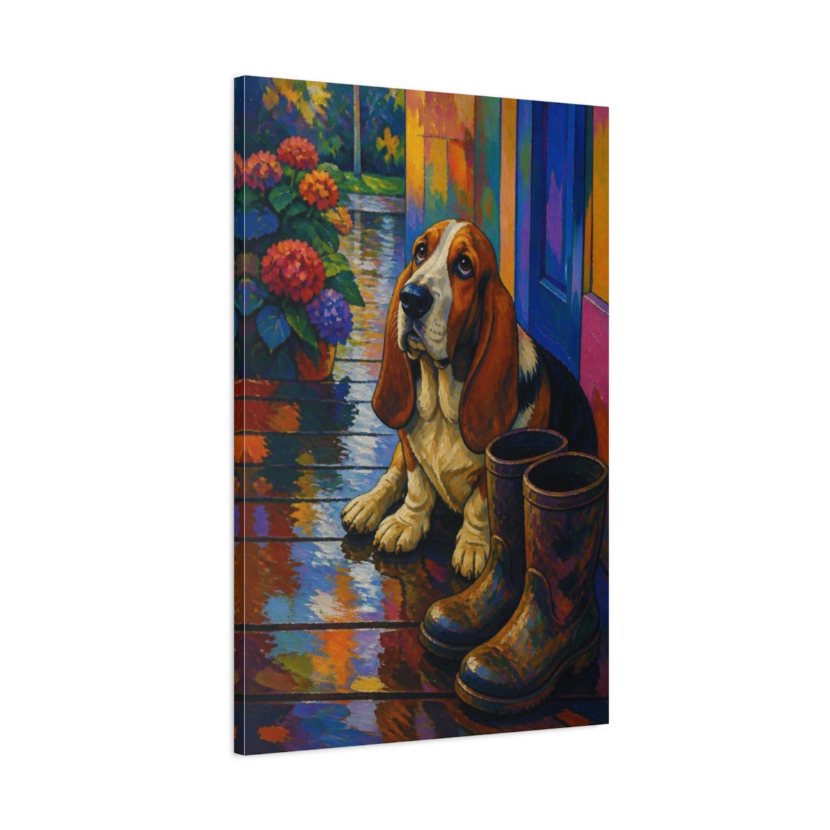 Main Mockup. Pet Basset Hound On Rainy Porch shown as canvas print