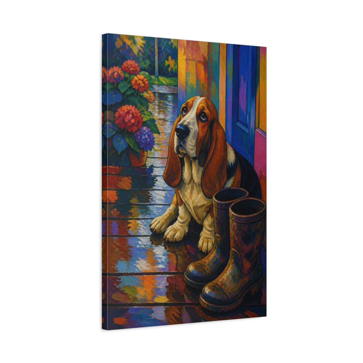 Side Mockup 2. Pet Basset Hound On Rainy Porch shown as canvas print