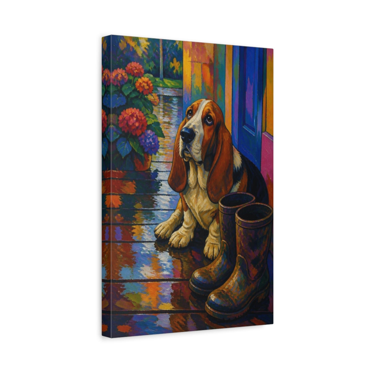 Side Mockup 4. Pet Basset Hound On Rainy Porch shown as canvas print