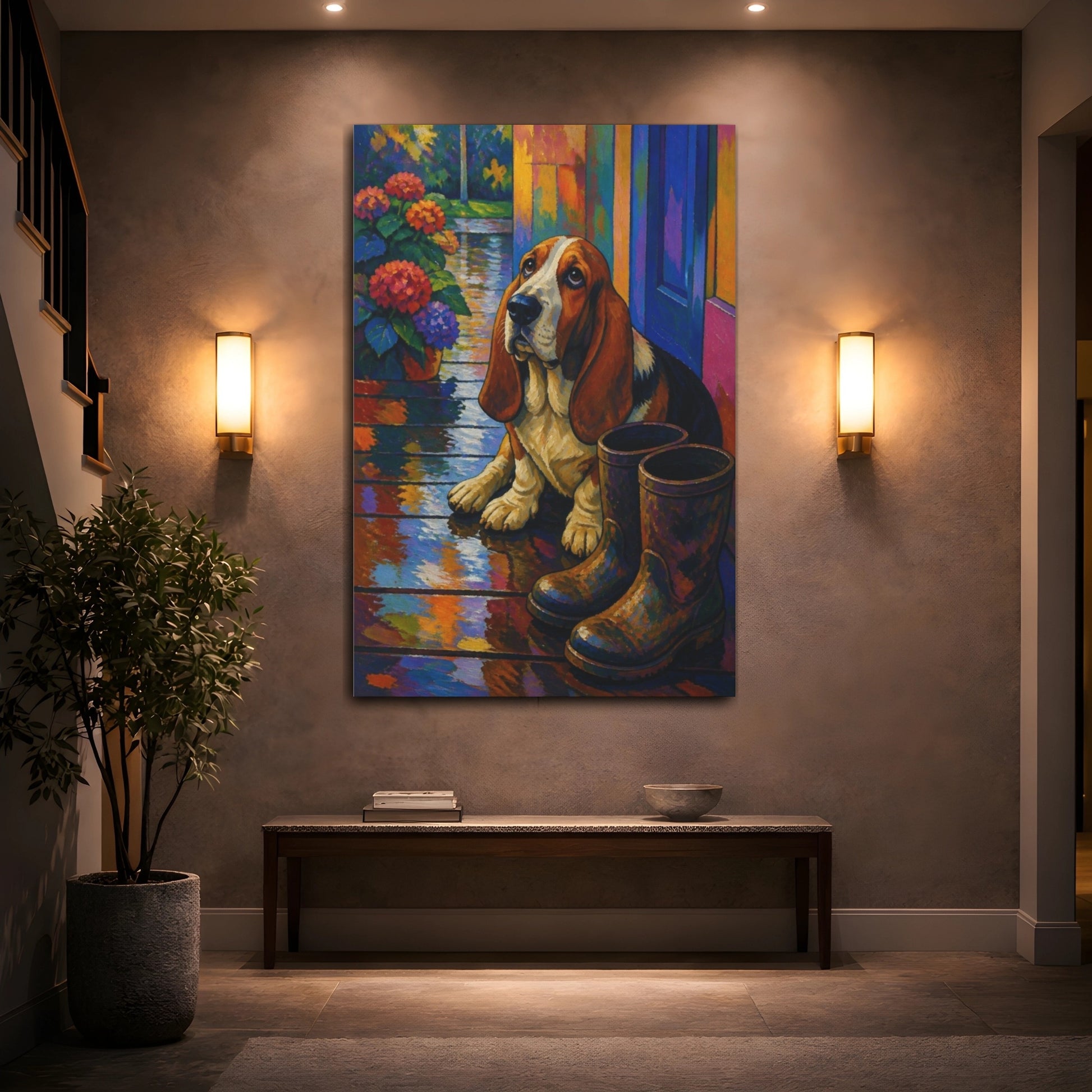 Mockup 2. Pet Basset Hound On Rainy Porch shown as canvas print