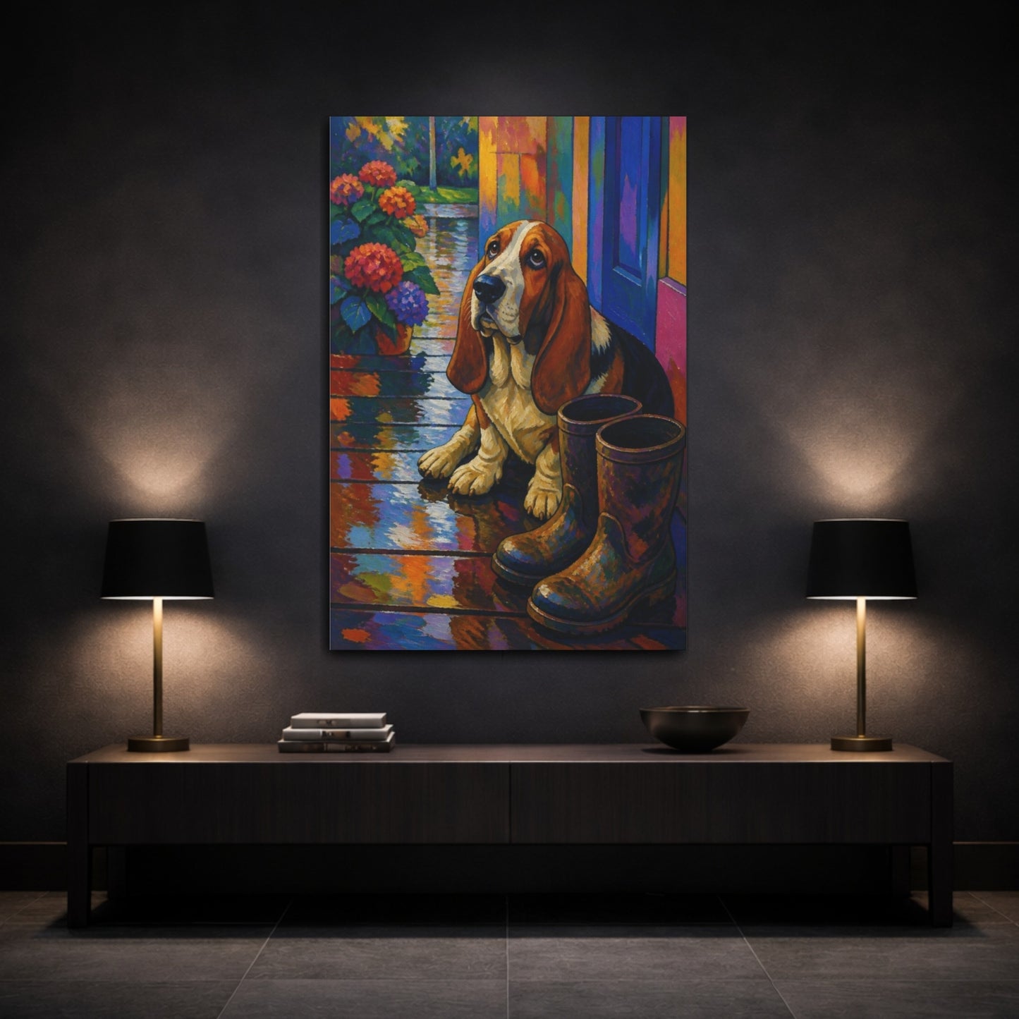 Mockup 3. Pet Basset Hound On Rainy Porch shown as canvas print