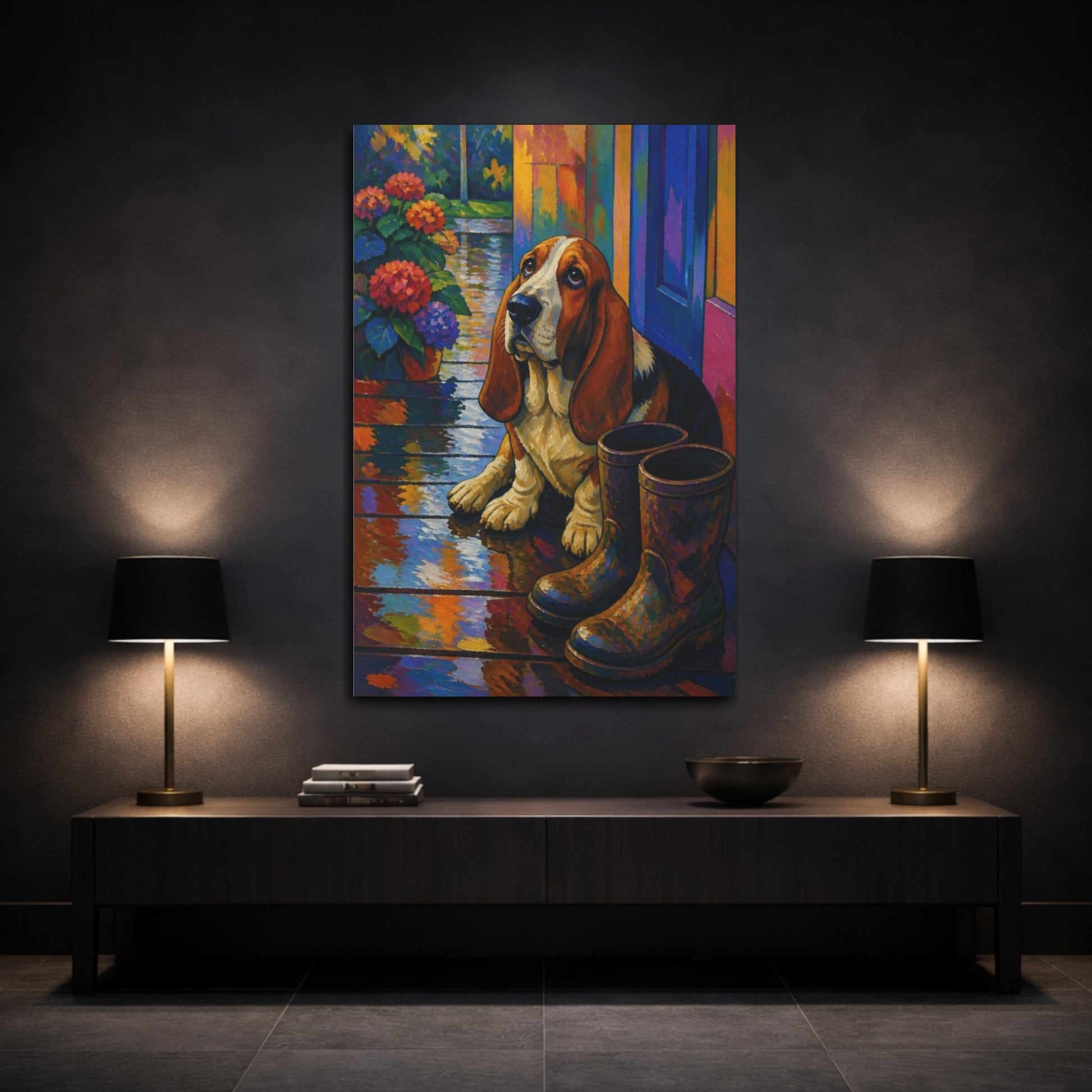 Mockup 3. Pet Basset Hound On Rainy Porch shown as canvas print