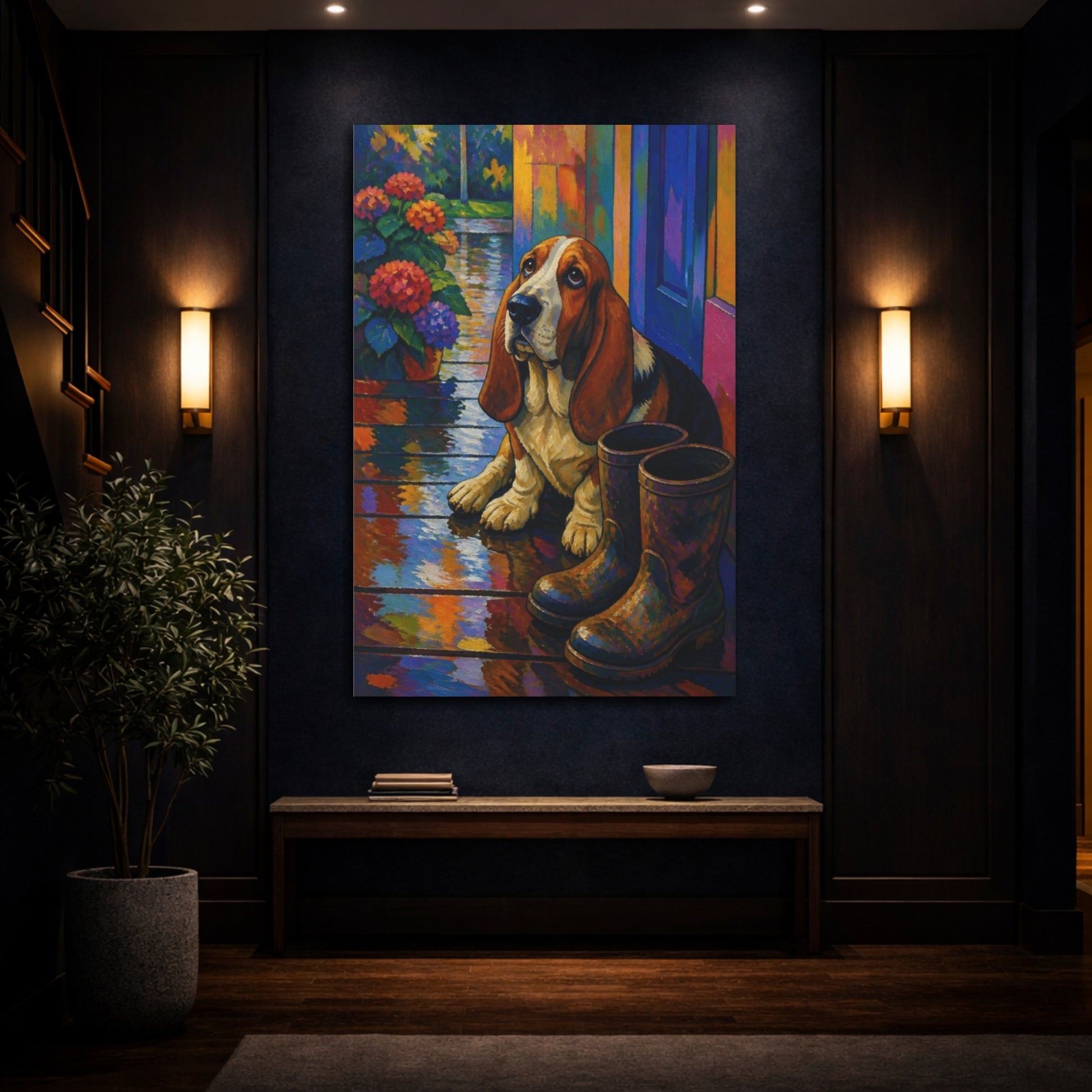 Mockup 4. Pet Basset Hound On Rainy Porch shown as canvas print