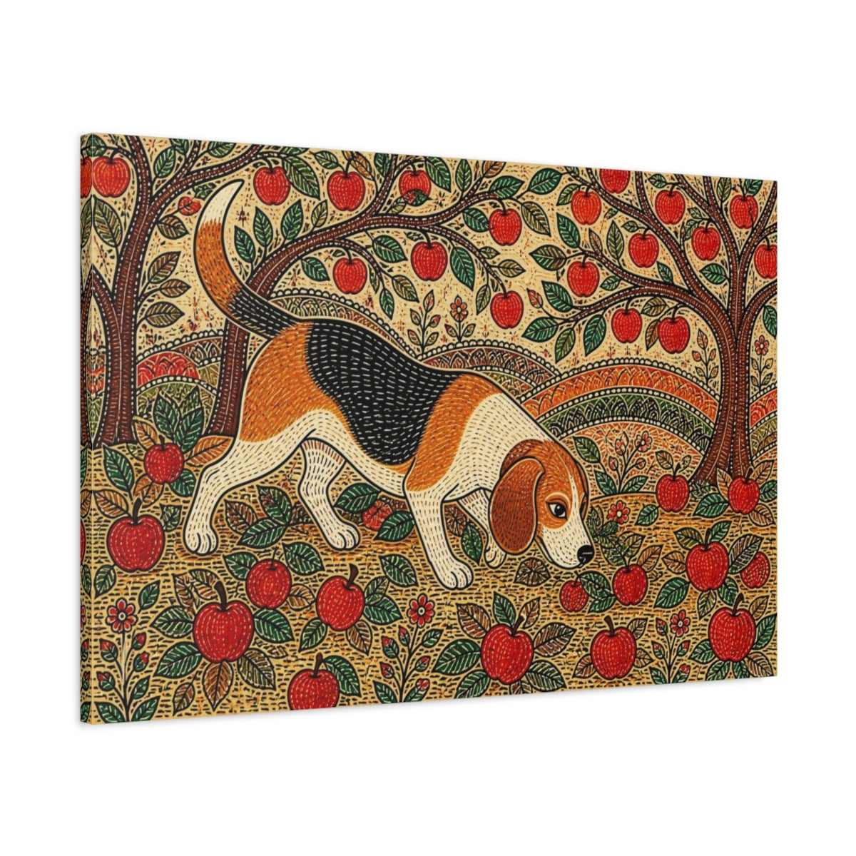 Main Mockup. Pet Beagle In Orchard shown as canvas print