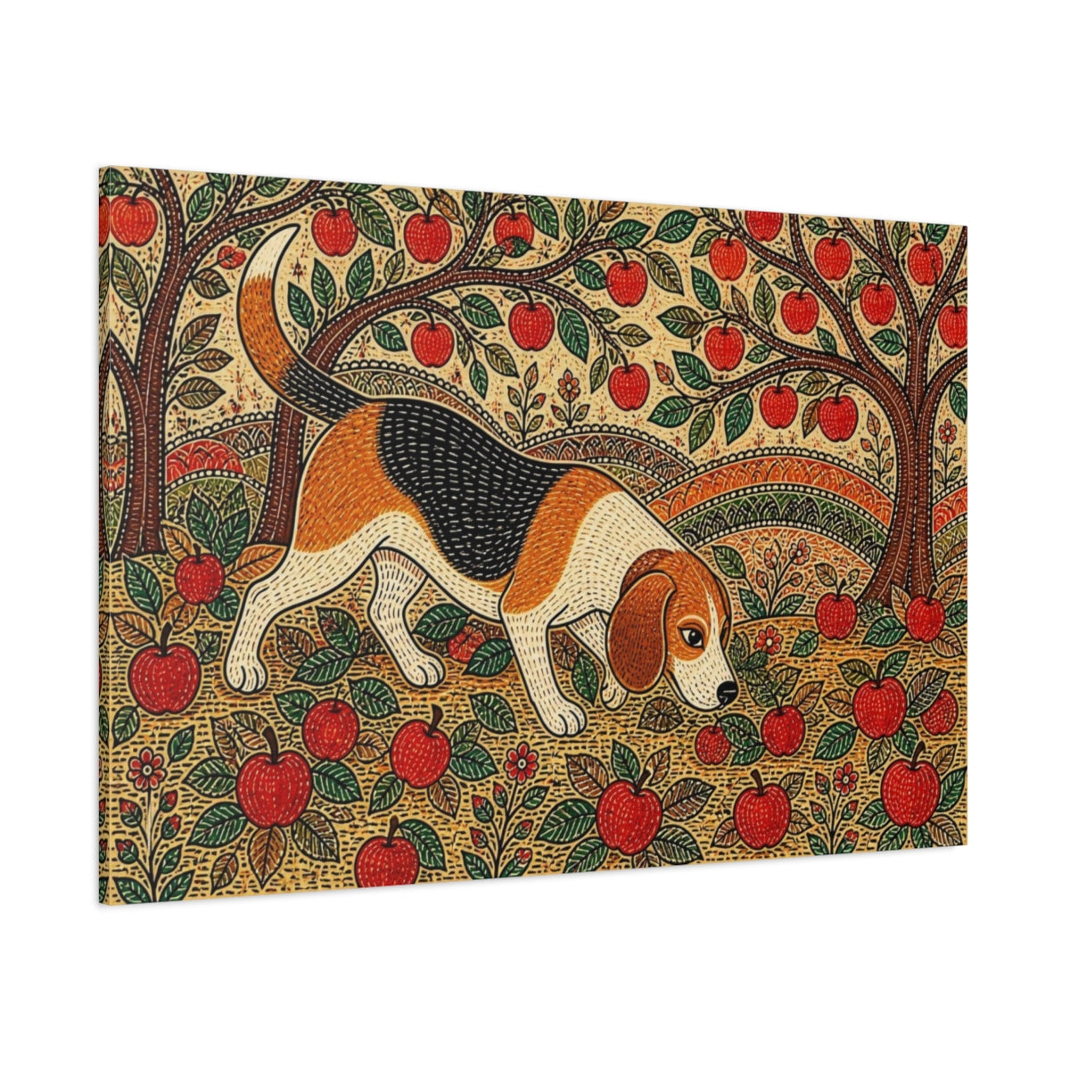 Side Mockup 1. Pet Beagle In Orchard shown as canvas print