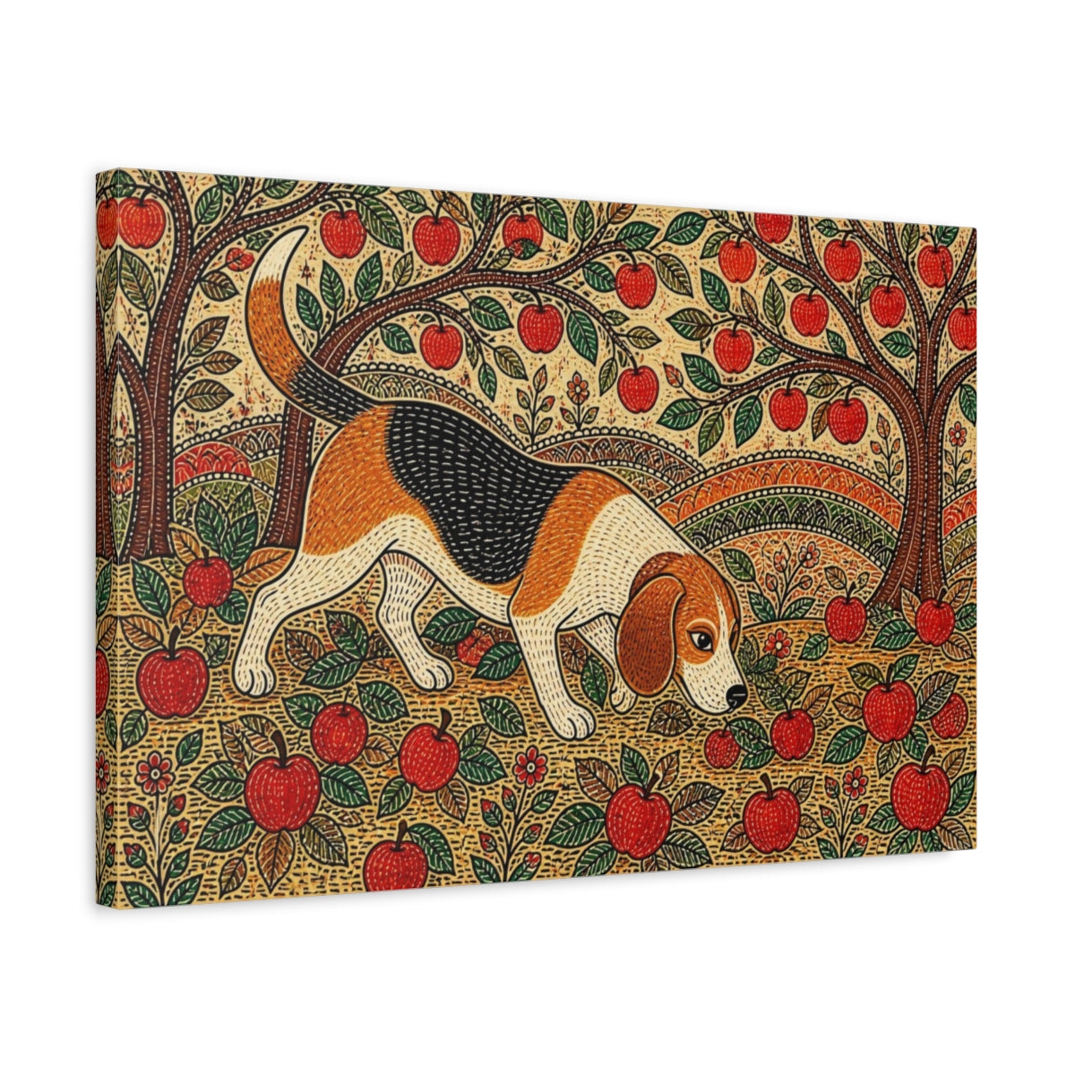Side Mockup 3. Pet Beagle In Orchard shown as canvas print