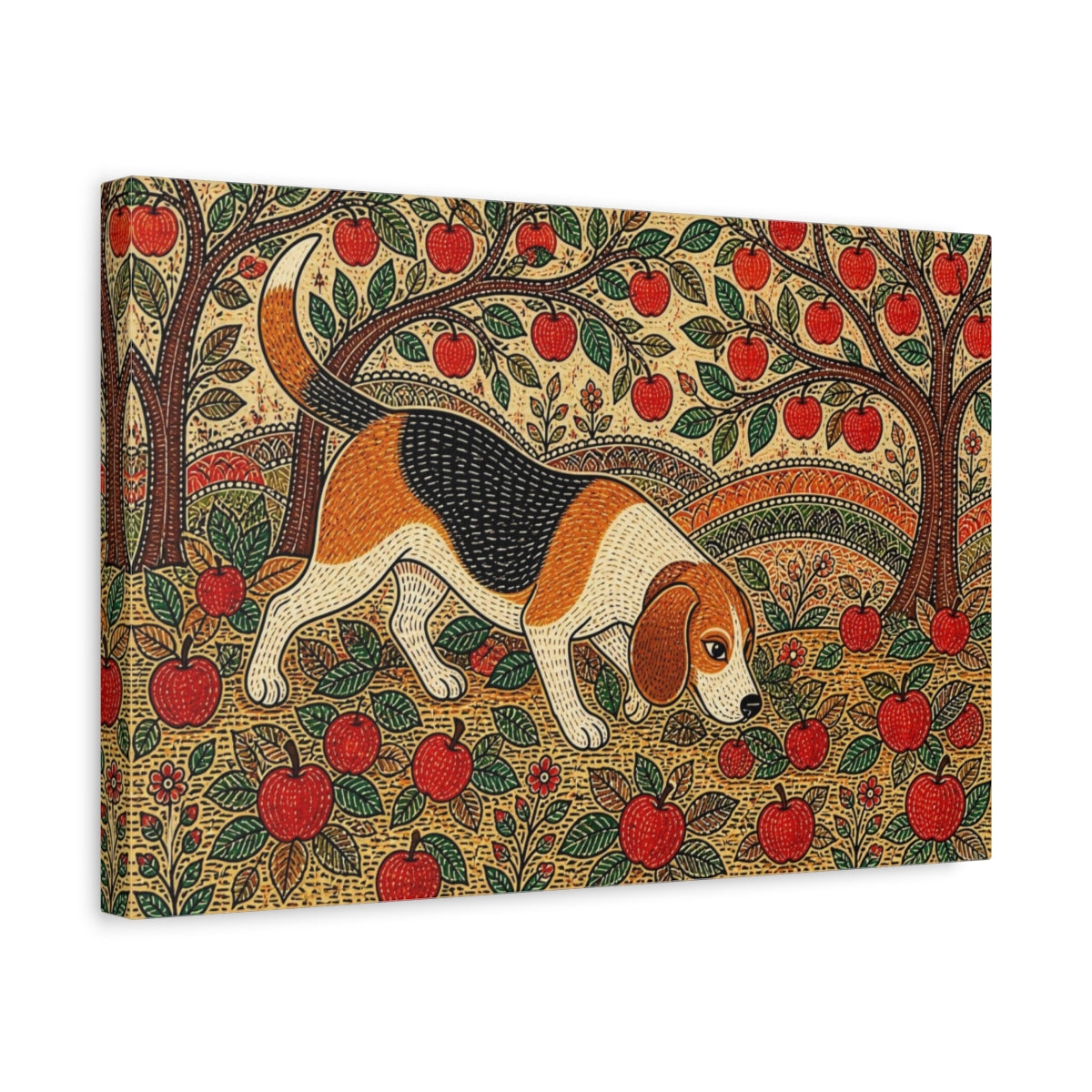 Side Mockup 4. Pet Beagle In Orchard shown as canvas print