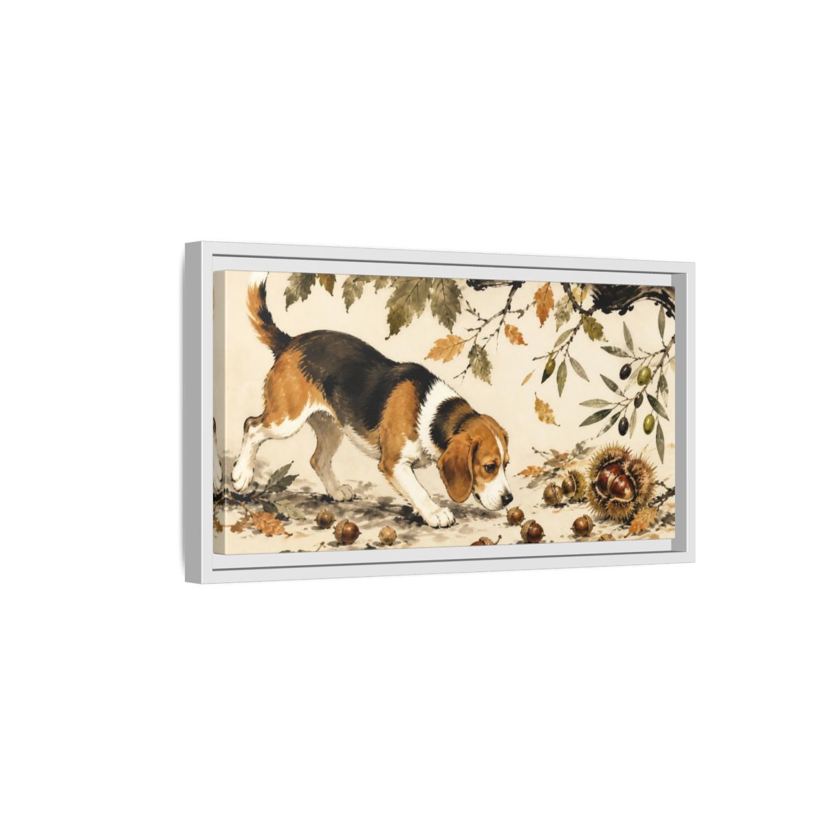 Side Mockup 6. Pet Beagle Sniffing Acorns shown as framed canvas print
