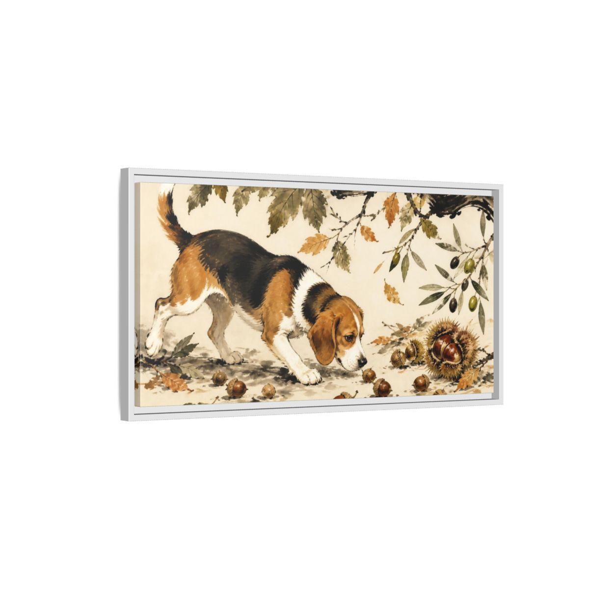 Side Mockup 1. Pet Beagle Sniffing Acorns shown as framed canvas print