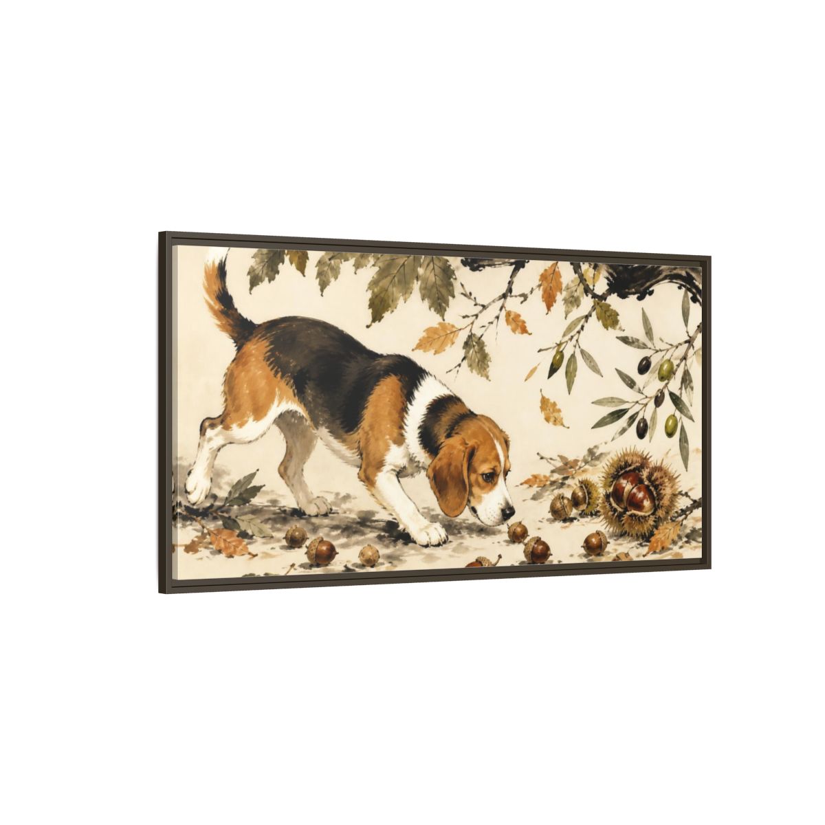Side Mockup 4. Pet Beagle Sniffing Acorns shown as framed canvas print