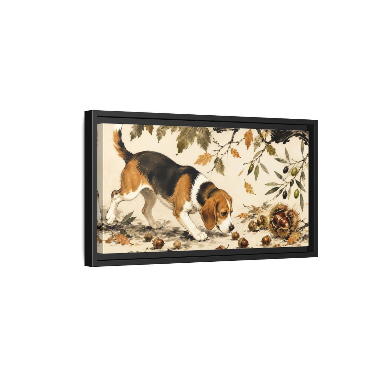 Side Mockup 8. Pet Beagle Sniffing Acorns shown as framed canvas print