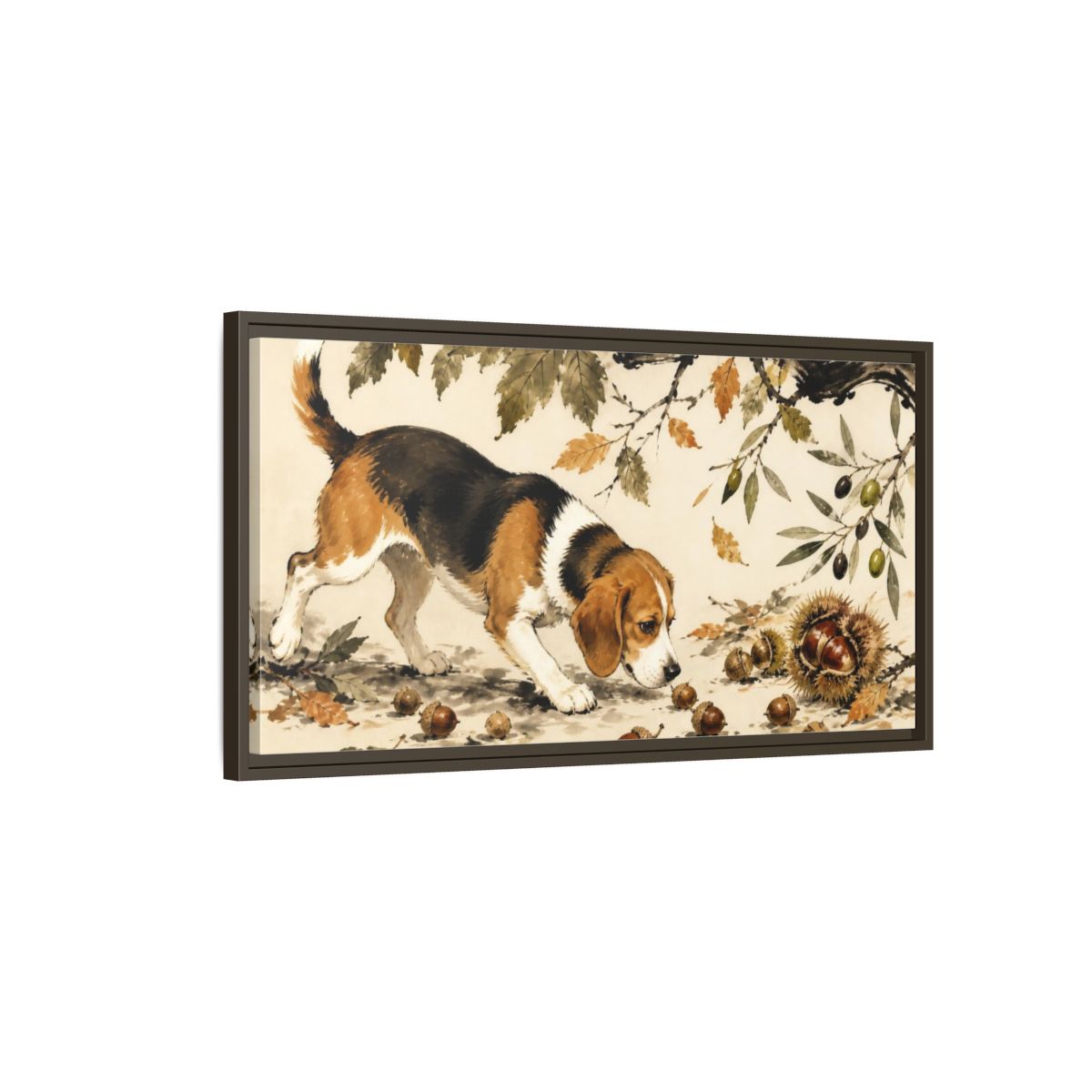 Main Mockup. Pet Beagle Sniffing Acorns shown as framed canvas print