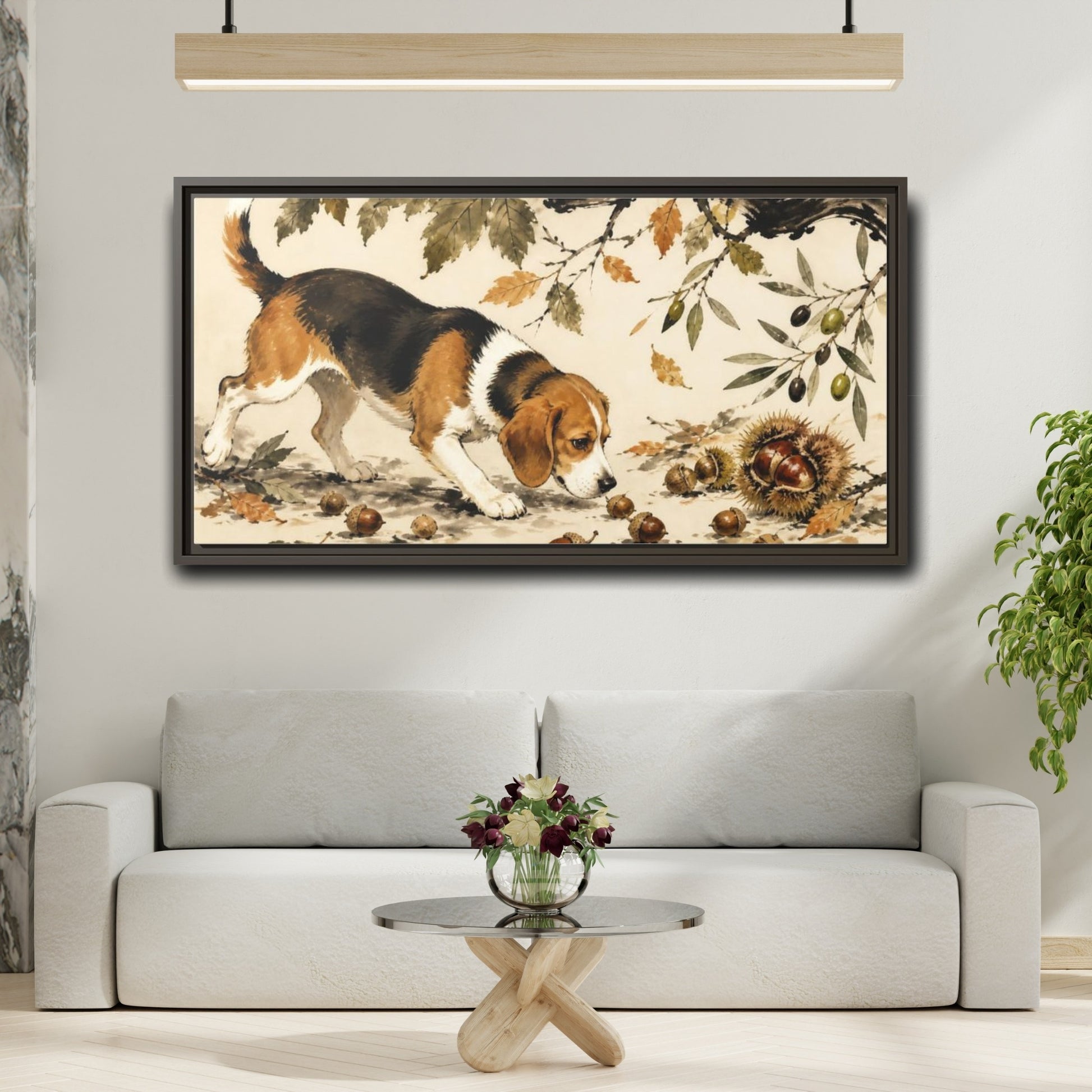 Mockup 2. Pet Beagle Sniffing Acorns shown as framed canvas print