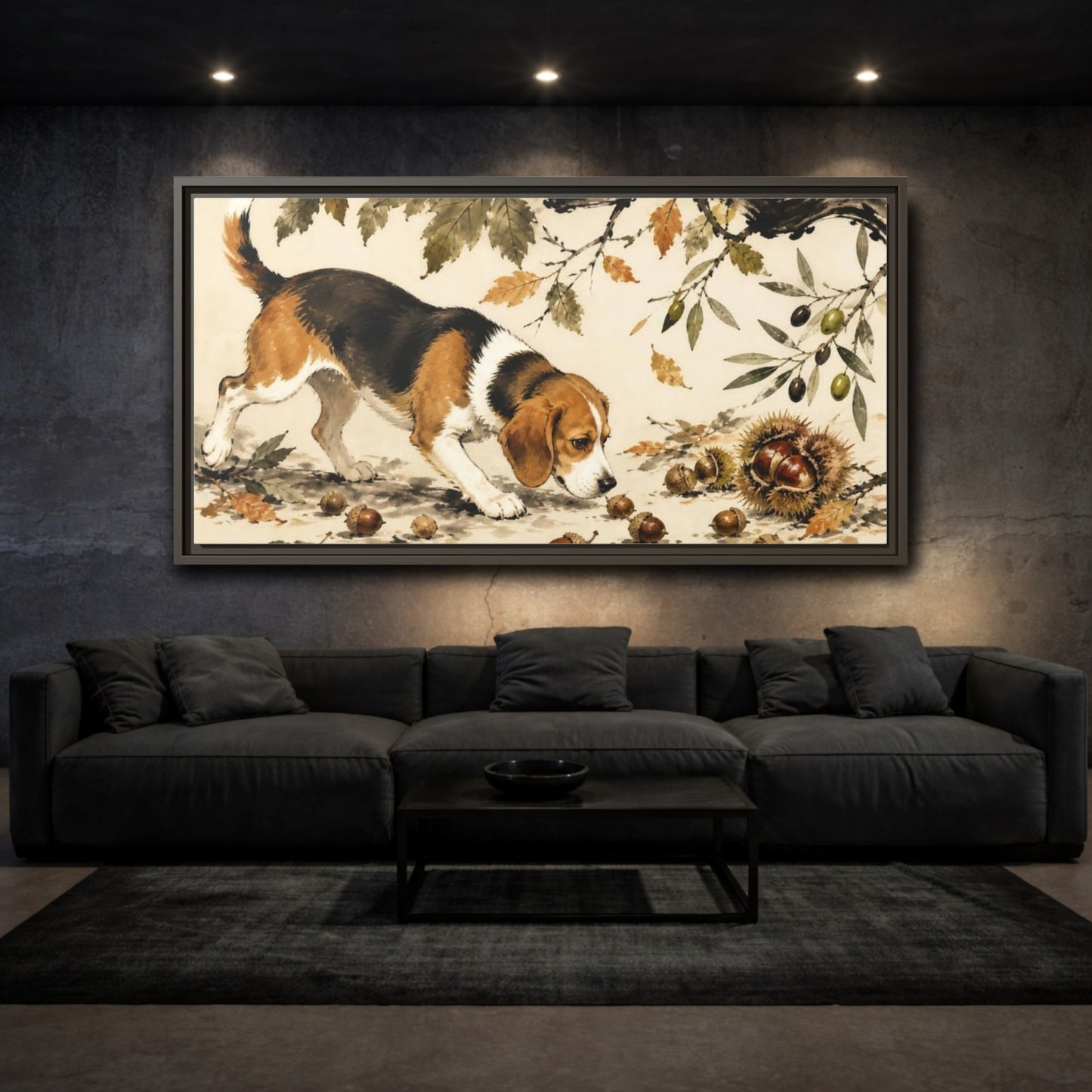 Mockup 3. Pet Beagle Sniffing Acorns shown as framed canvas print