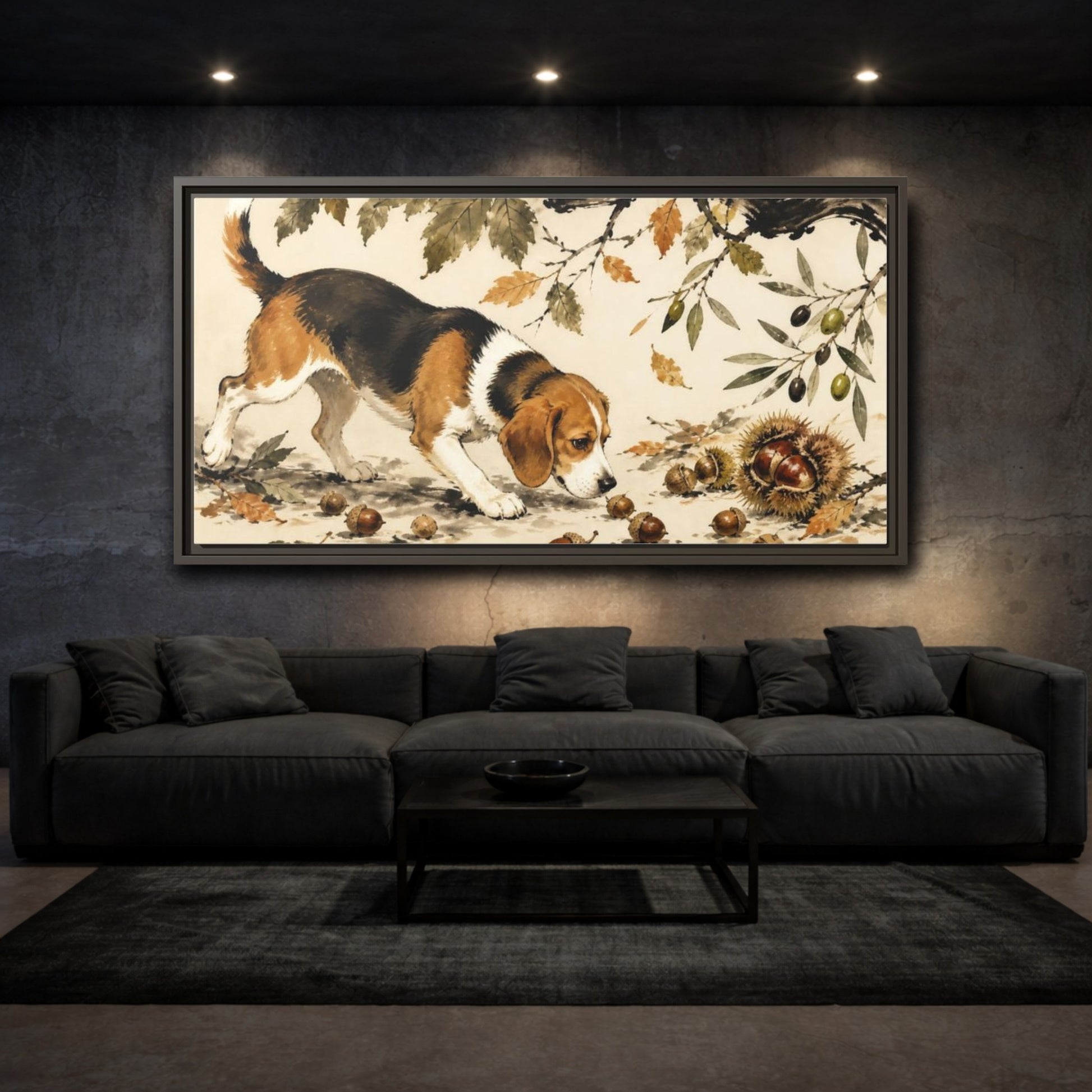 Mockup 3. Pet Beagle Sniffing Acorns shown as framed canvas print