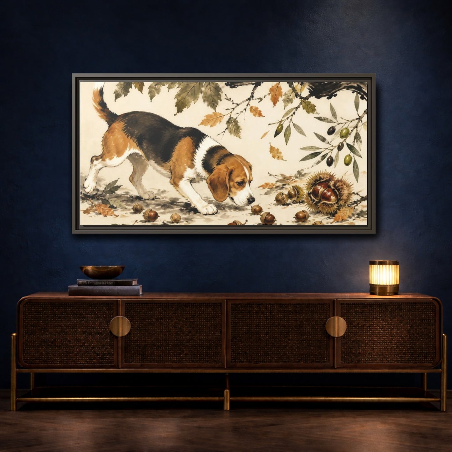 Mockup 4. Pet Beagle Sniffing Acorns shown as framed canvas print