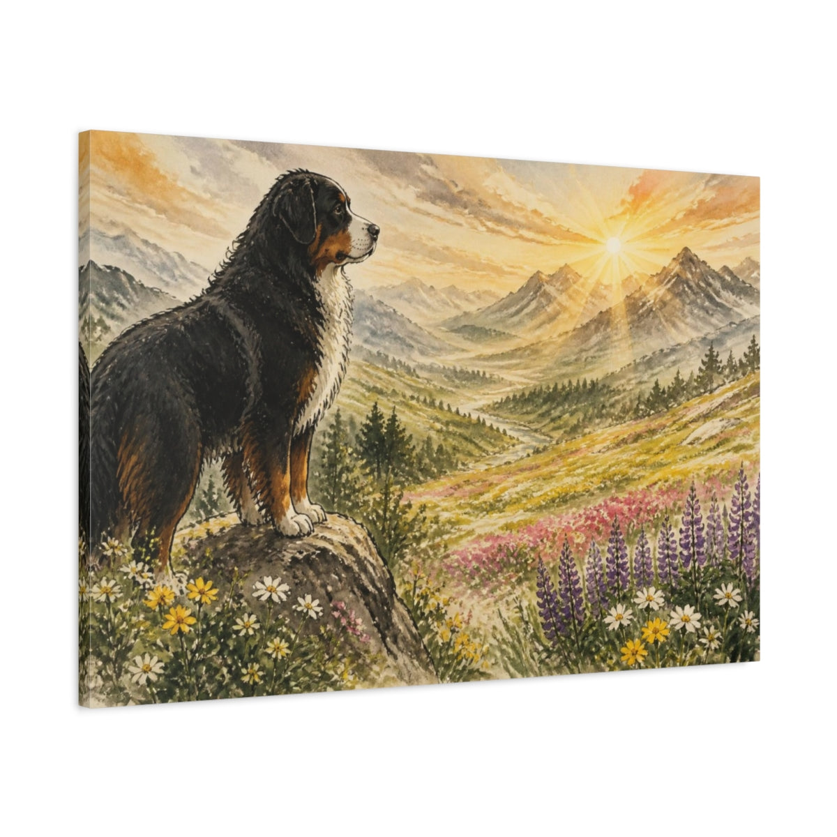 Main Mockup. Pet Bernese At Sunrise shown as canvas print