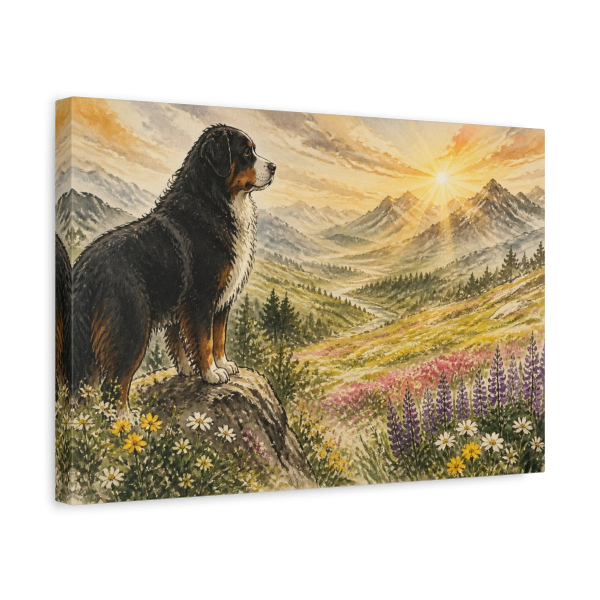 Side Mockup 4. Pet Bernese At Sunrise shown as canvas print
