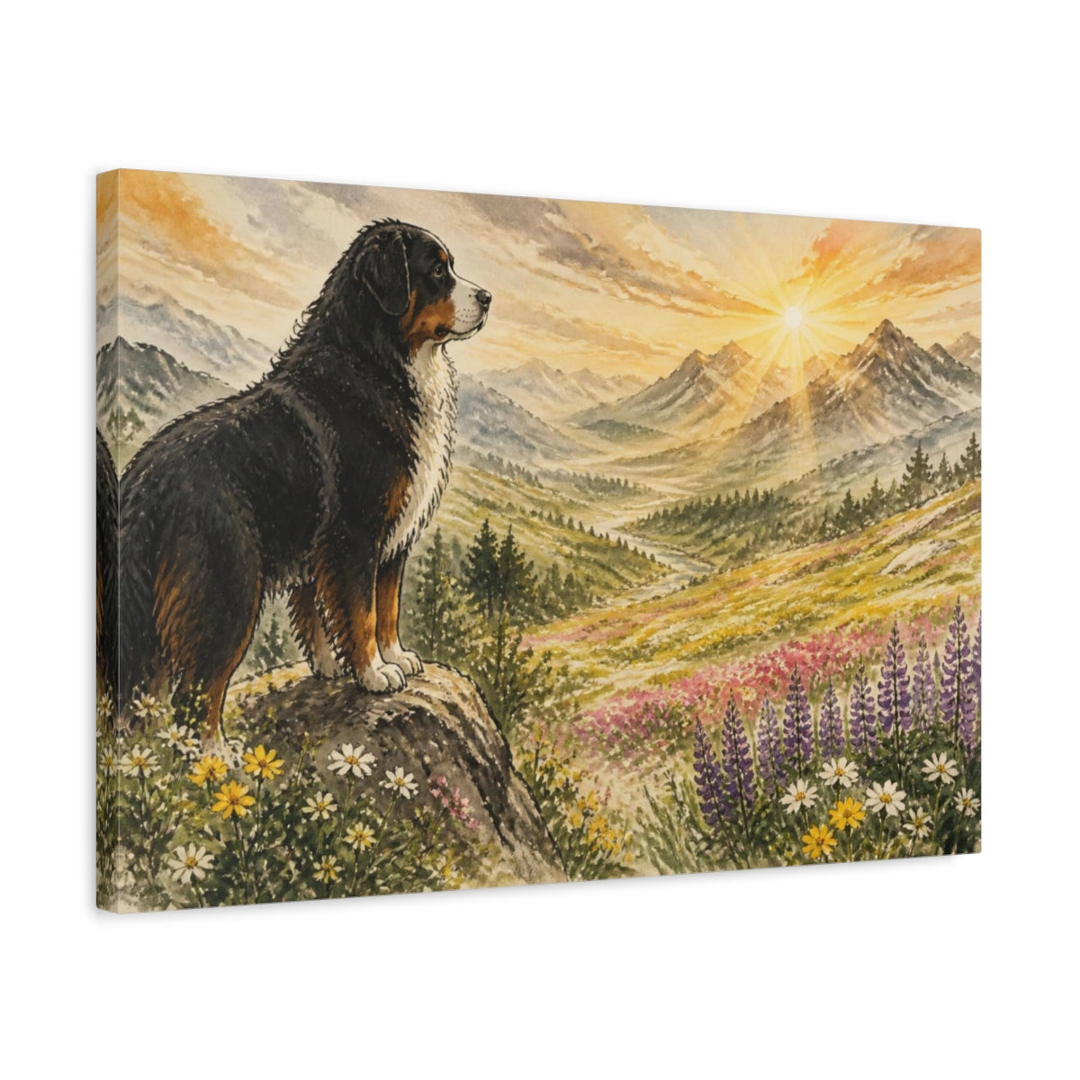 Side Mockup 3. Pet Bernese At Sunrise shown as canvas print