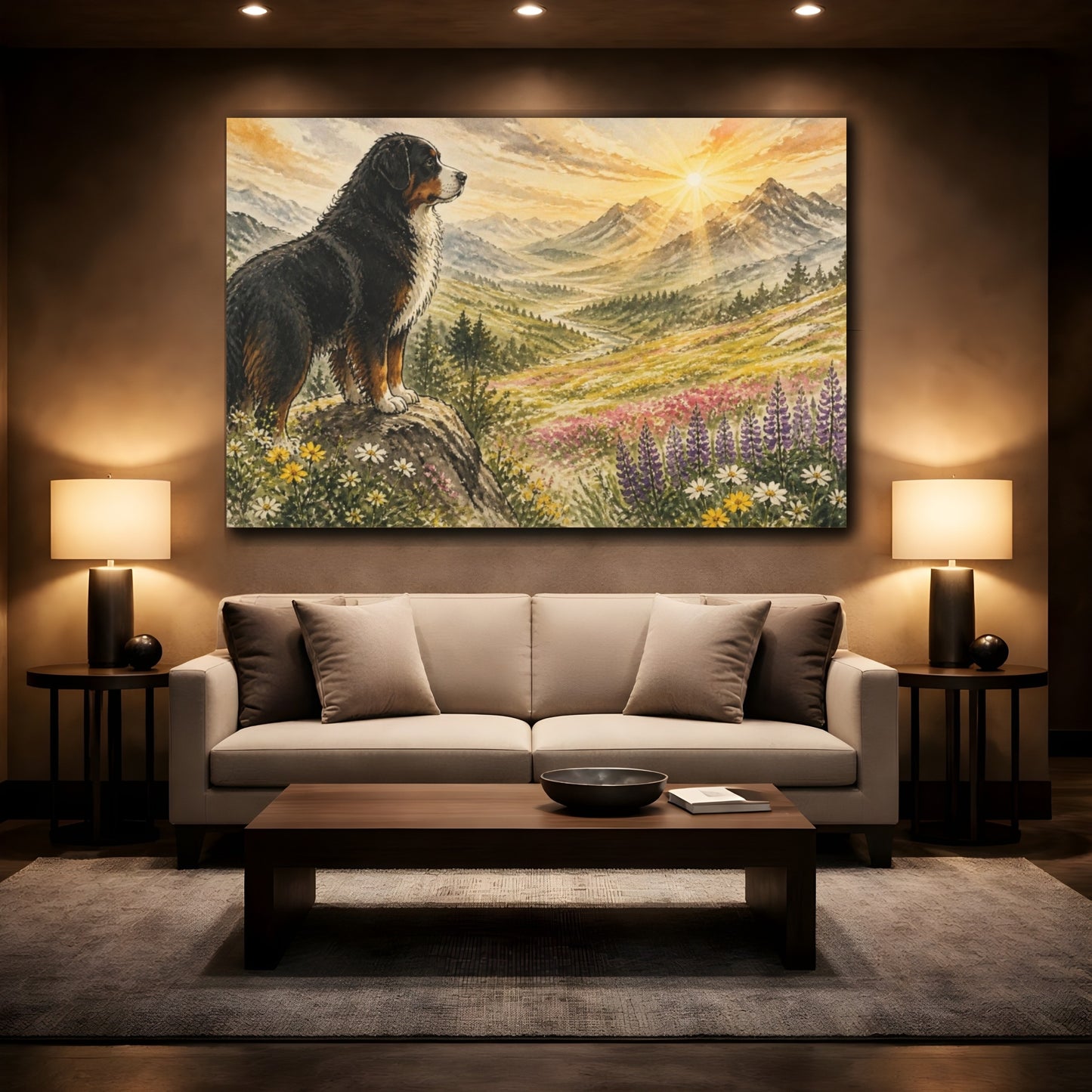 Mockup 2. Pet Bernese At Sunrise shown as canvas print