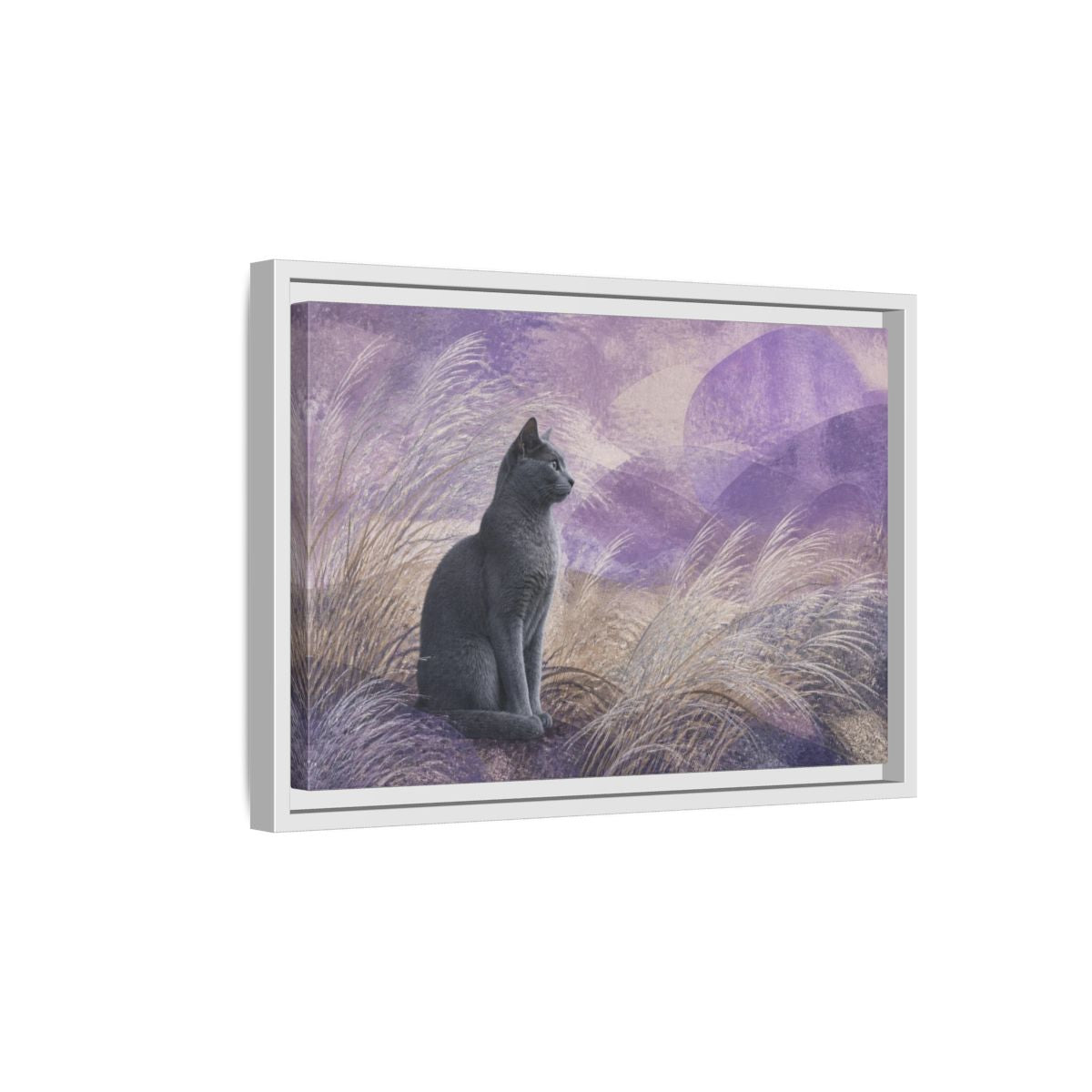 Side Mockup 4. Pet Cat In Lavender shown as framed canvas print