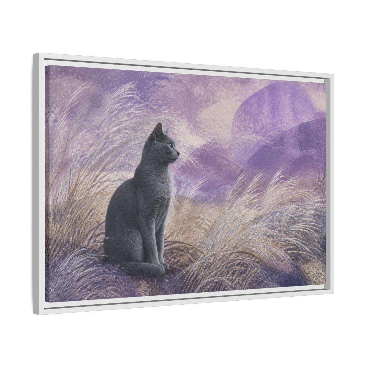 Side Mockup 10. Pet Cat In Lavender shown as framed canvas print