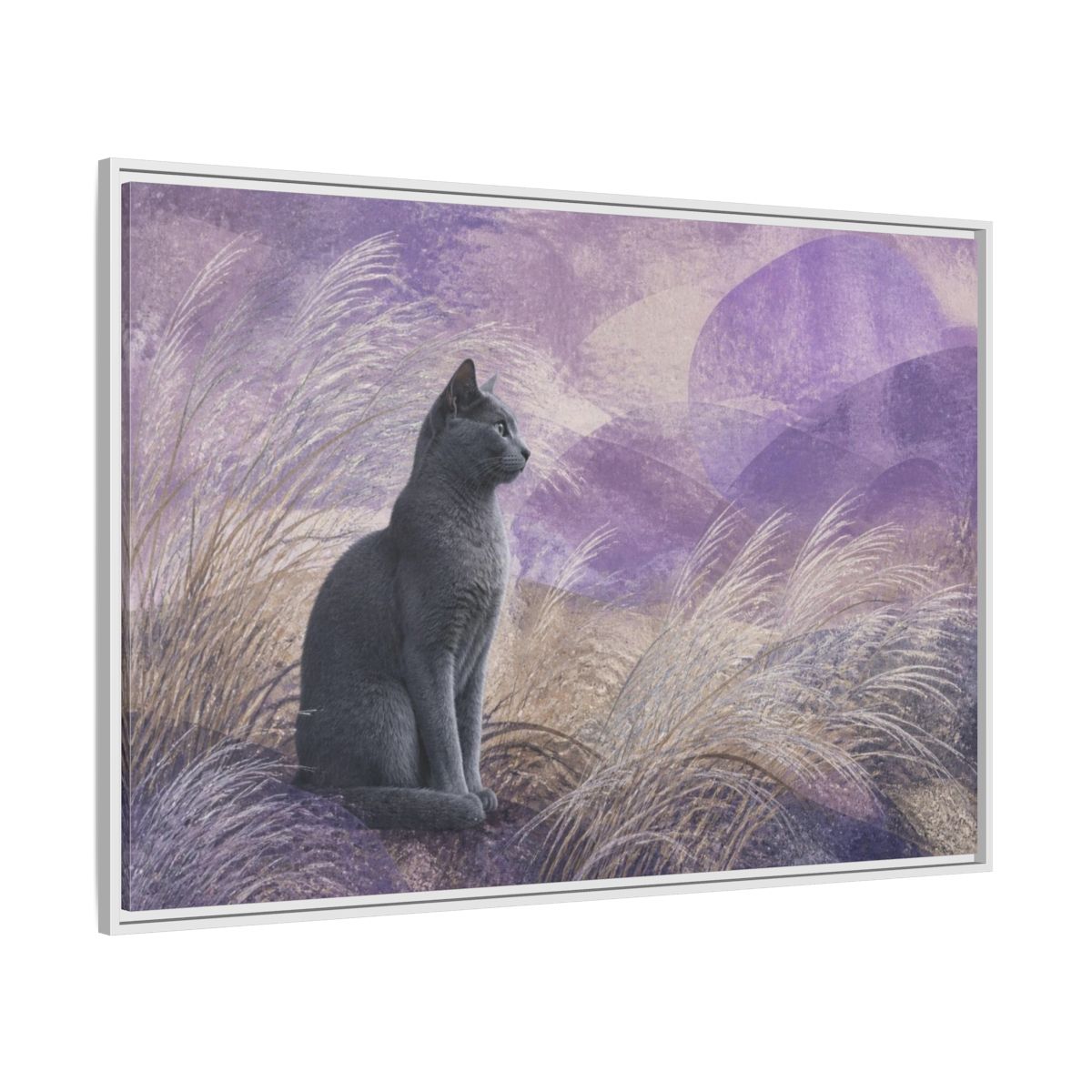 Side Mockup 7. Pet Cat In Lavender shown as framed canvas print