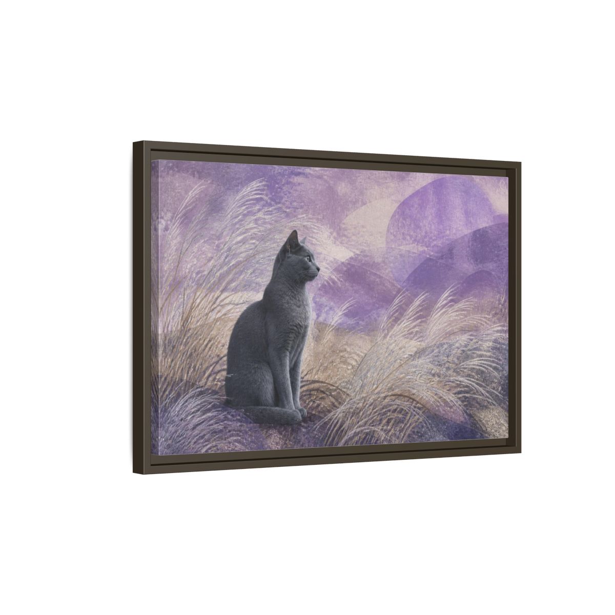 Side Mockup 2. Pet Cat In Lavender shown as framed canvas print