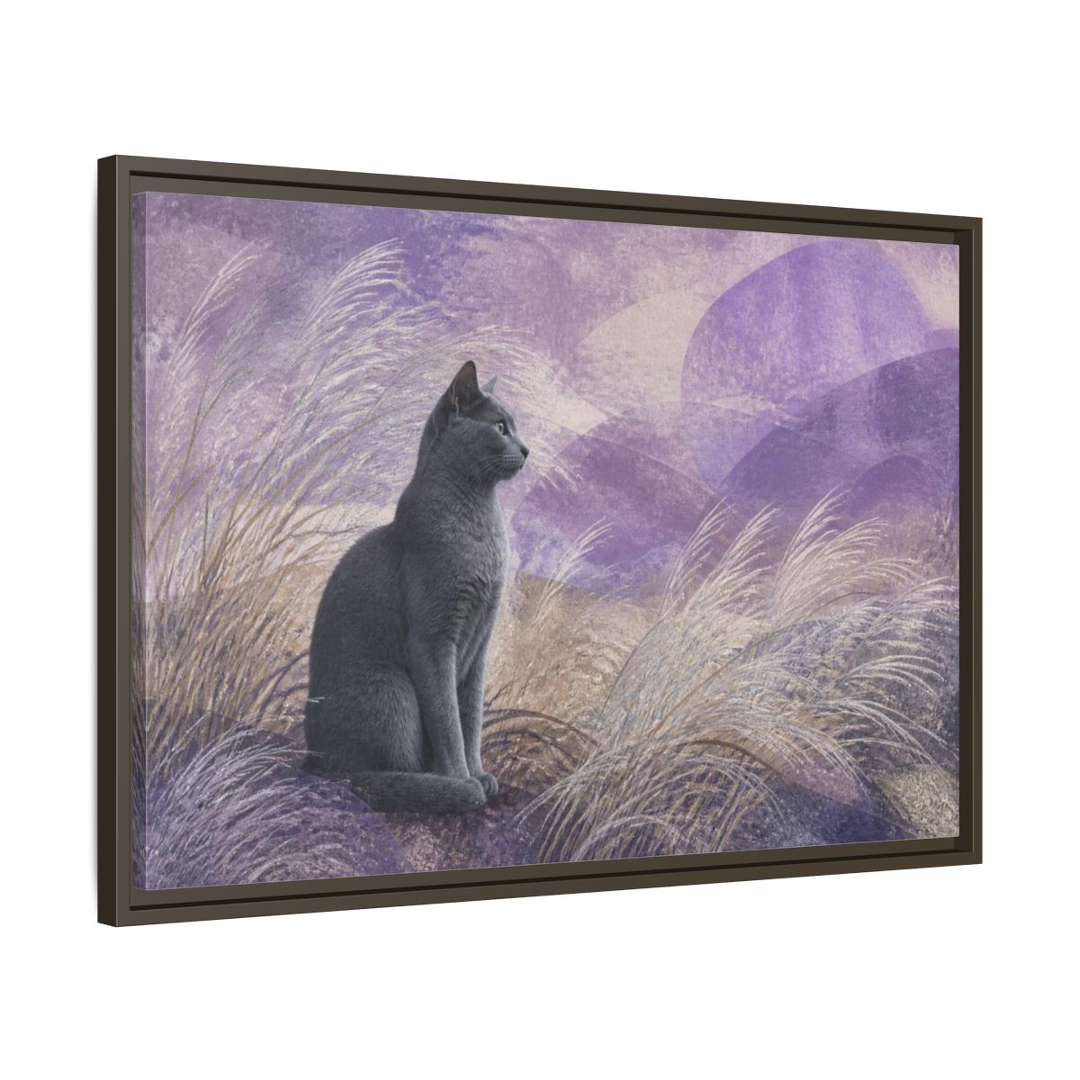 Side Mockup 11. Pet Cat In Lavender shown as framed canvas print