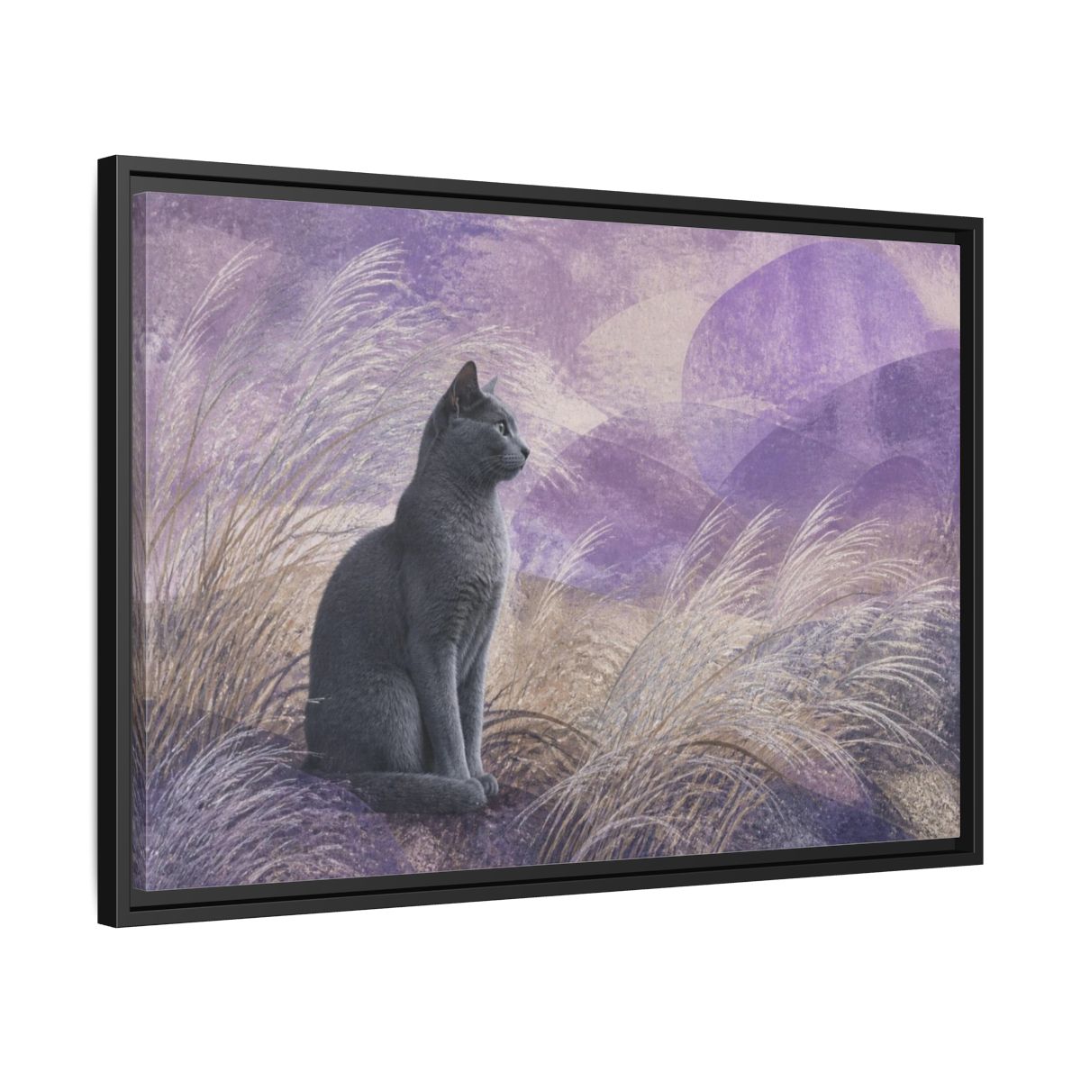 Side Mockup 14. Pet Cat In Lavender shown as framed canvas print