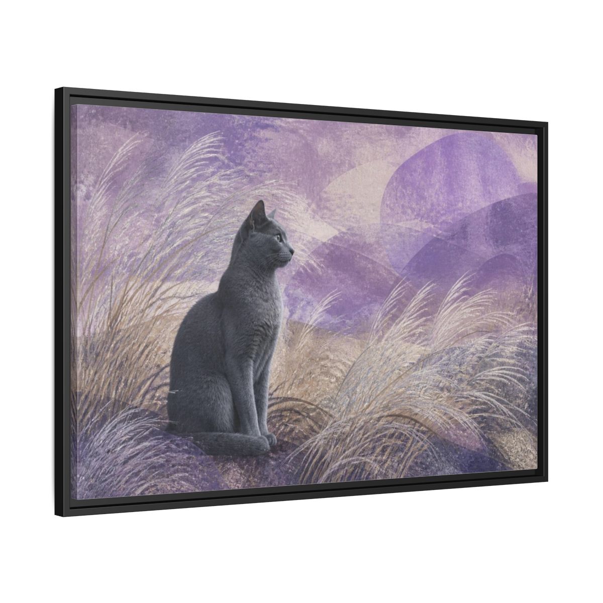 Side Mockup 13. Pet Cat In Lavender shown as framed canvas print