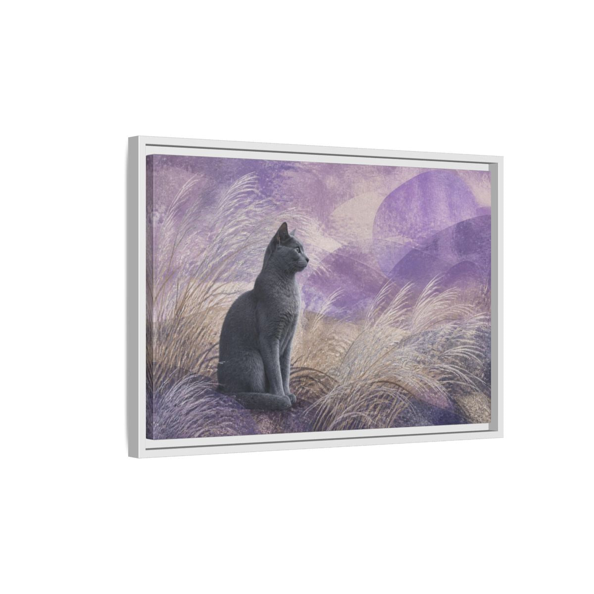 Side Mockup 1. Pet Cat In Lavender shown as framed canvas print